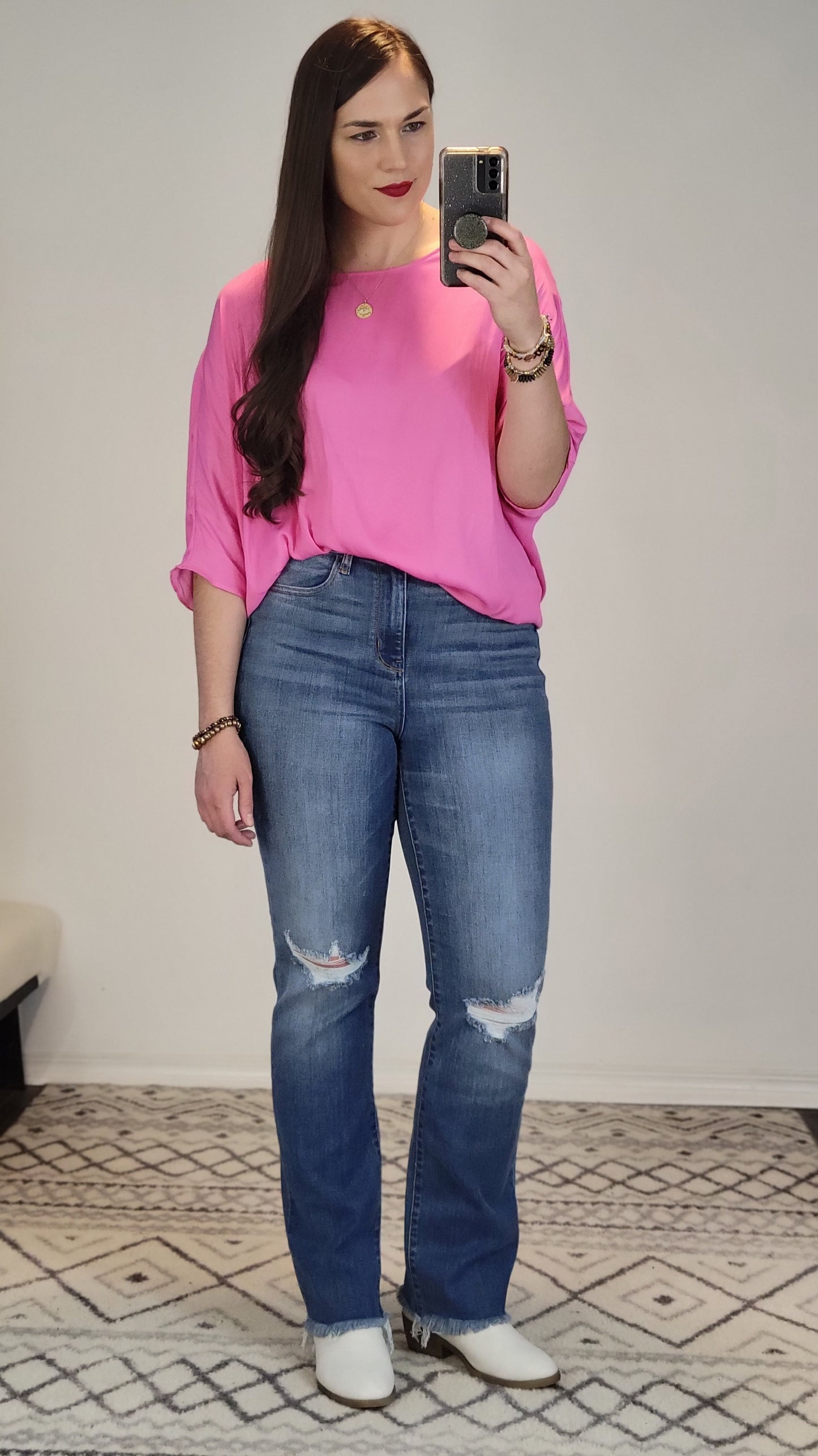Bubble Gum Pink ¾ Sleeve Dolman Top "Lorelai" (L)