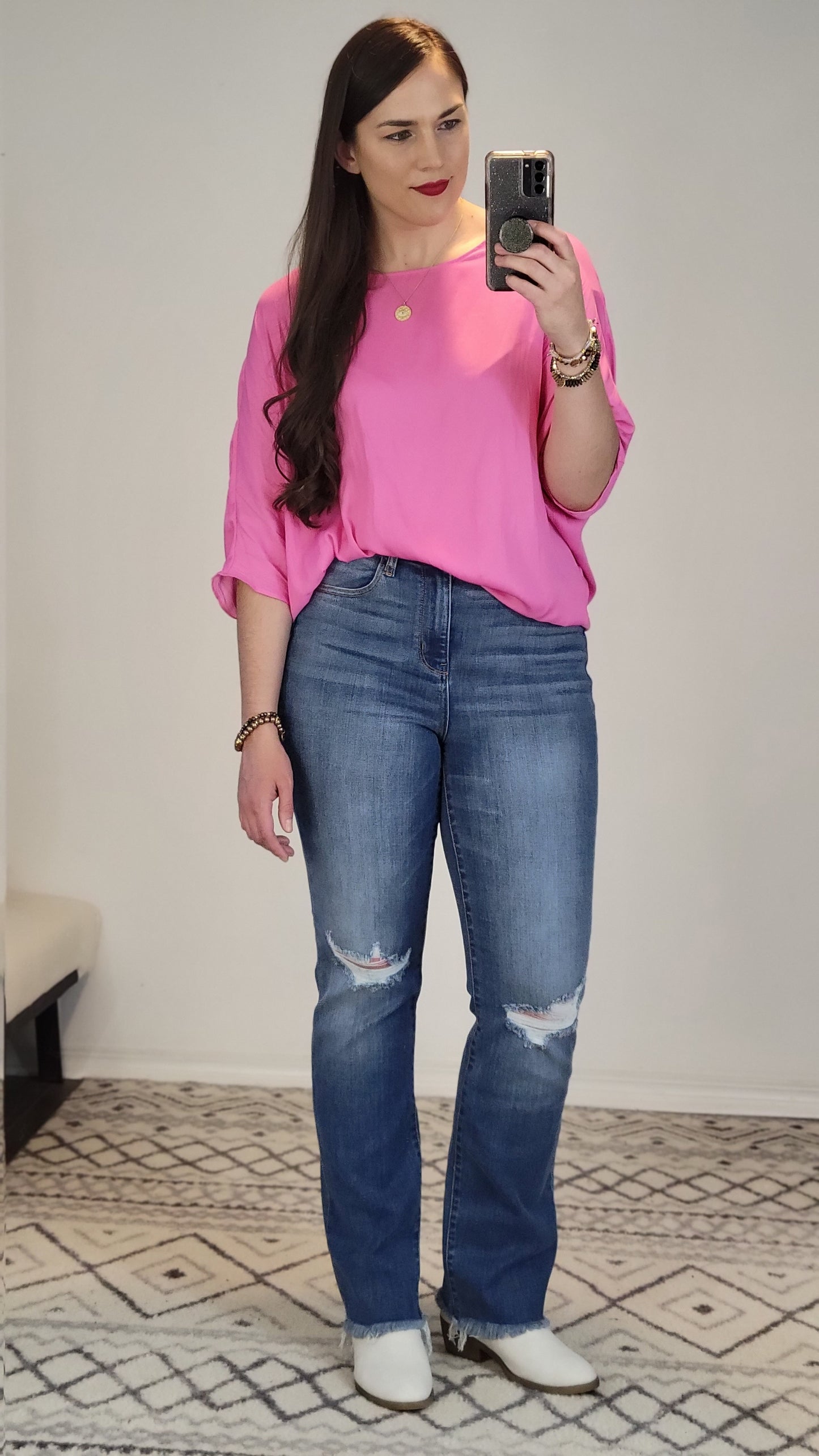 Bubble Gum Pink ¾ Sleeve Dolman Top "Lorelai" (L)