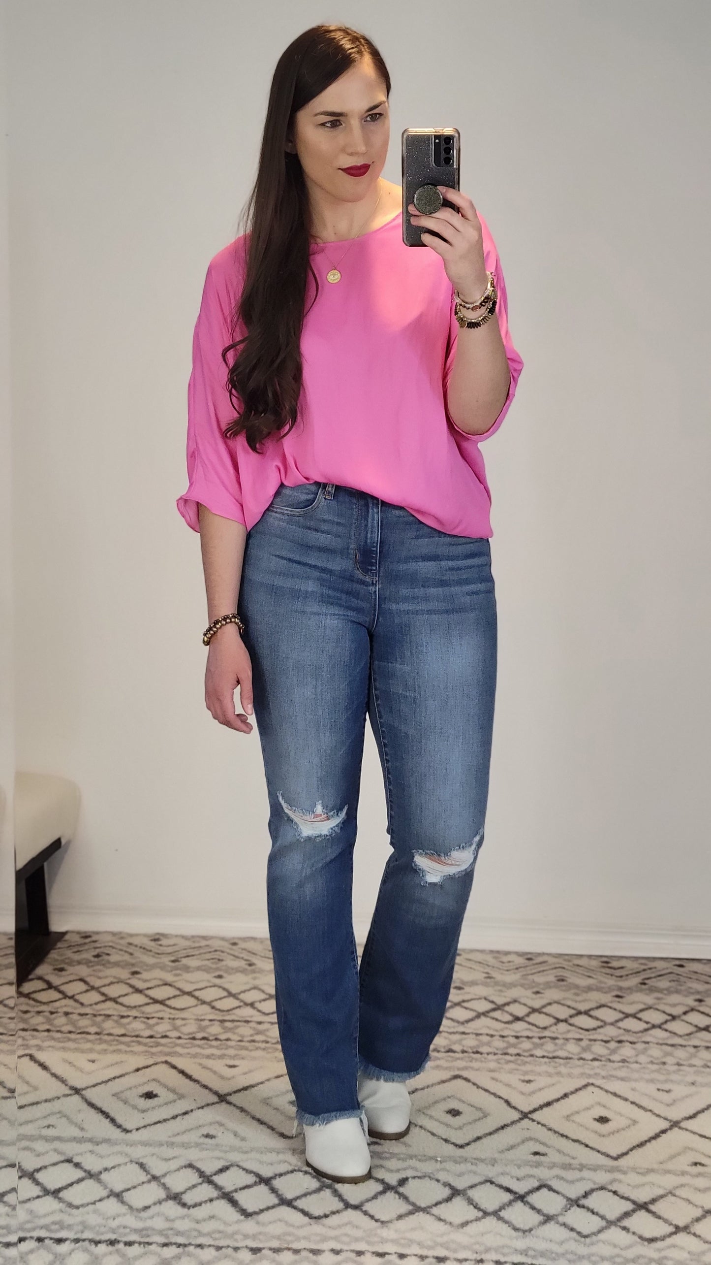 Bubble Gum Pink ¾ Sleeve Dolman Top "Lorelai" (L)