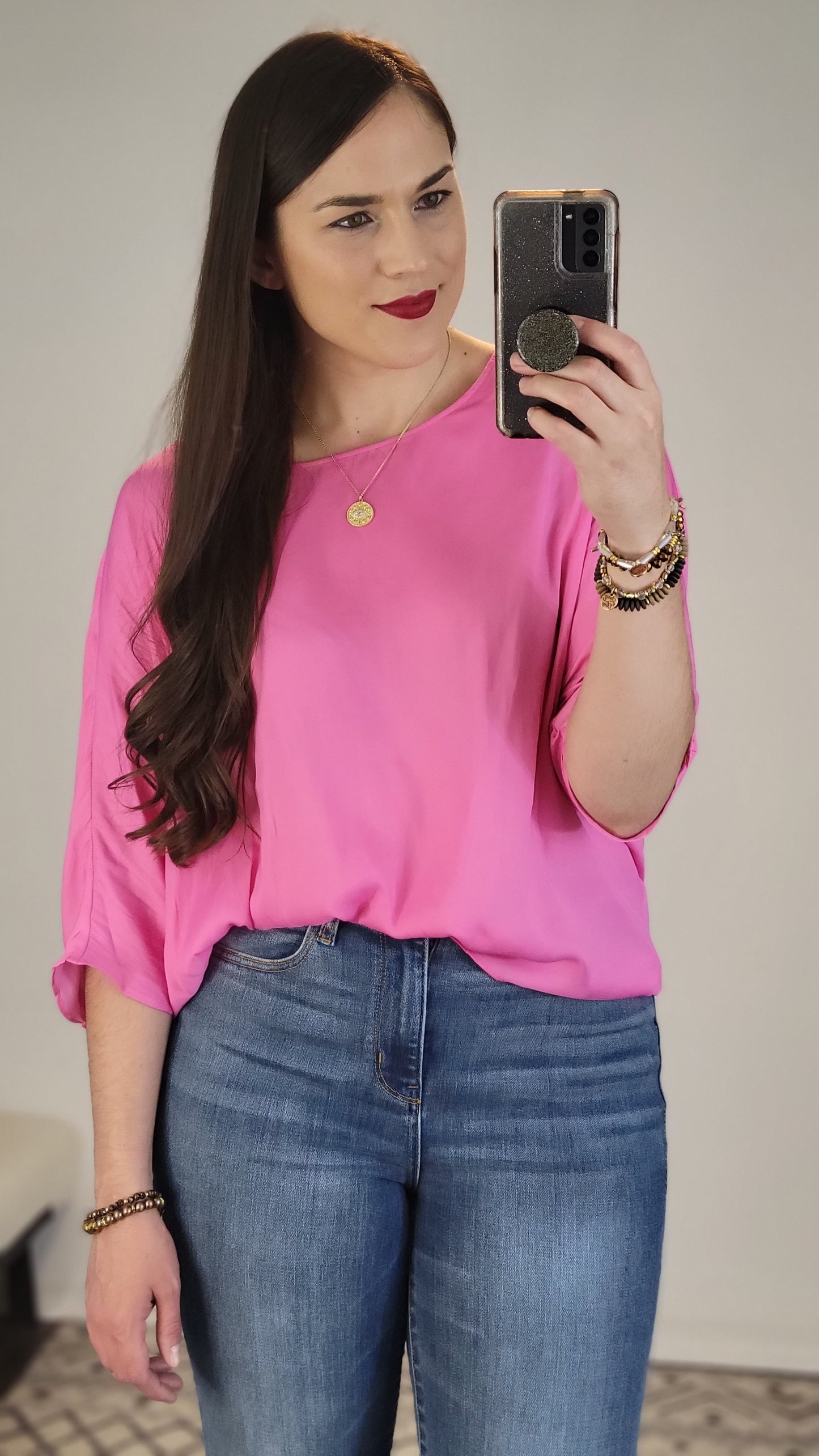 Bubble Gum Pink ¾ Sleeve Dolman Top "Lorelai" (L)