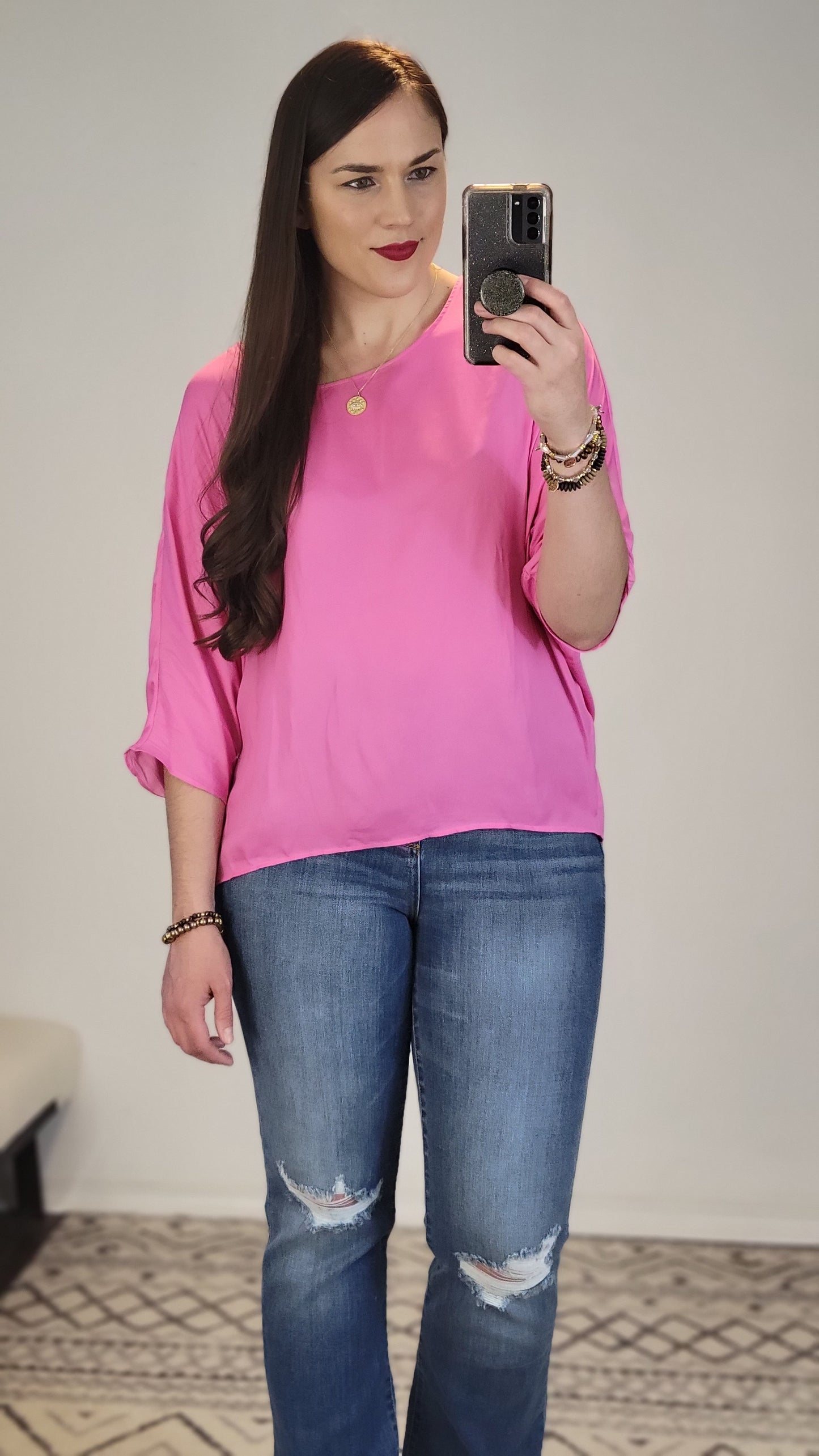 Bubble Gum Pink ¾ Sleeve Dolman Top "Lorelai" (L)
