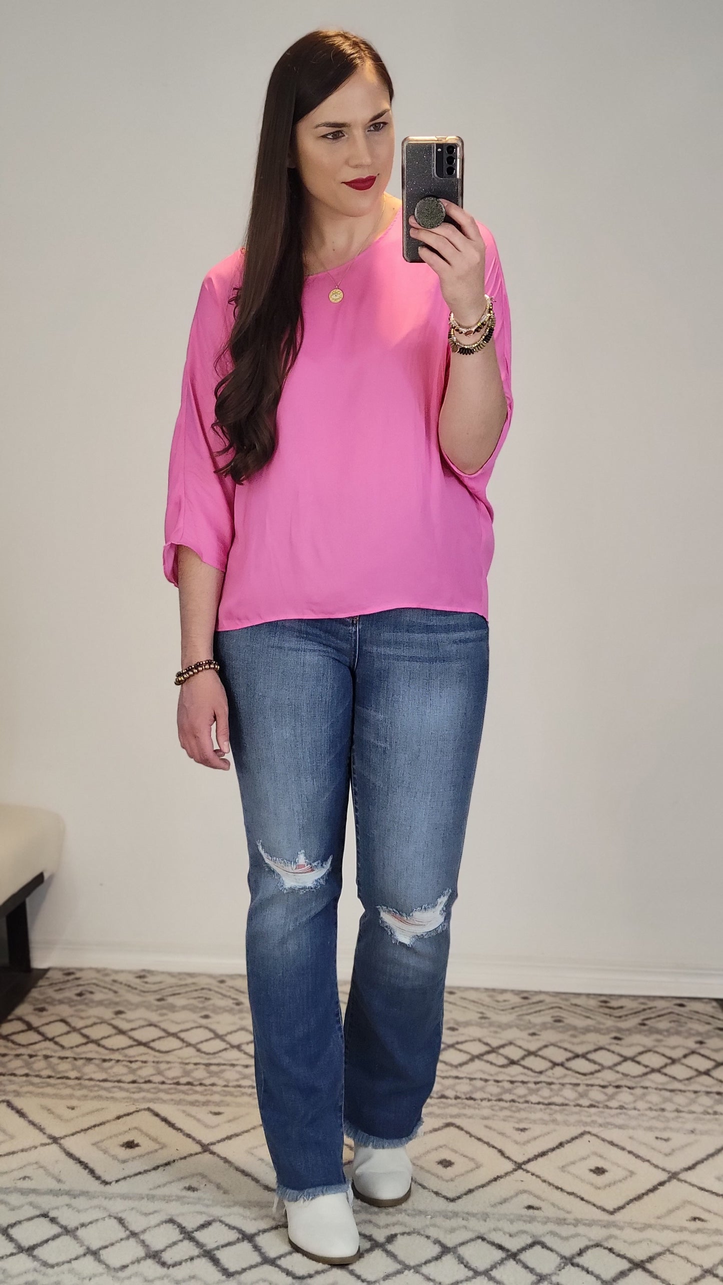 Bubble Gum Pink ¾ Sleeve Dolman Top "Lorelai" (L)
