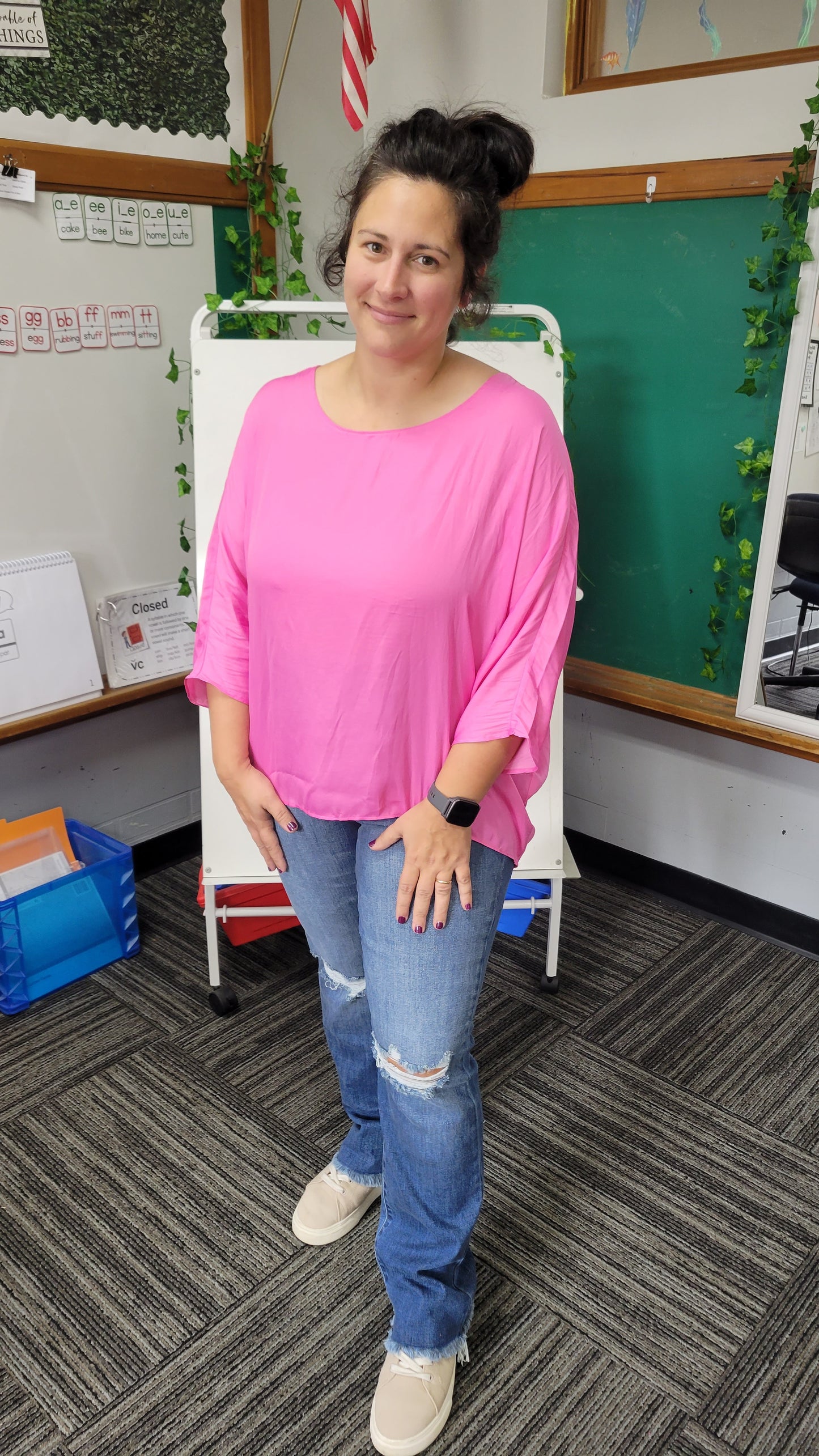 Bubble Gum Pink ¾ Sleeve Dolman Top "Lorelai" (L)