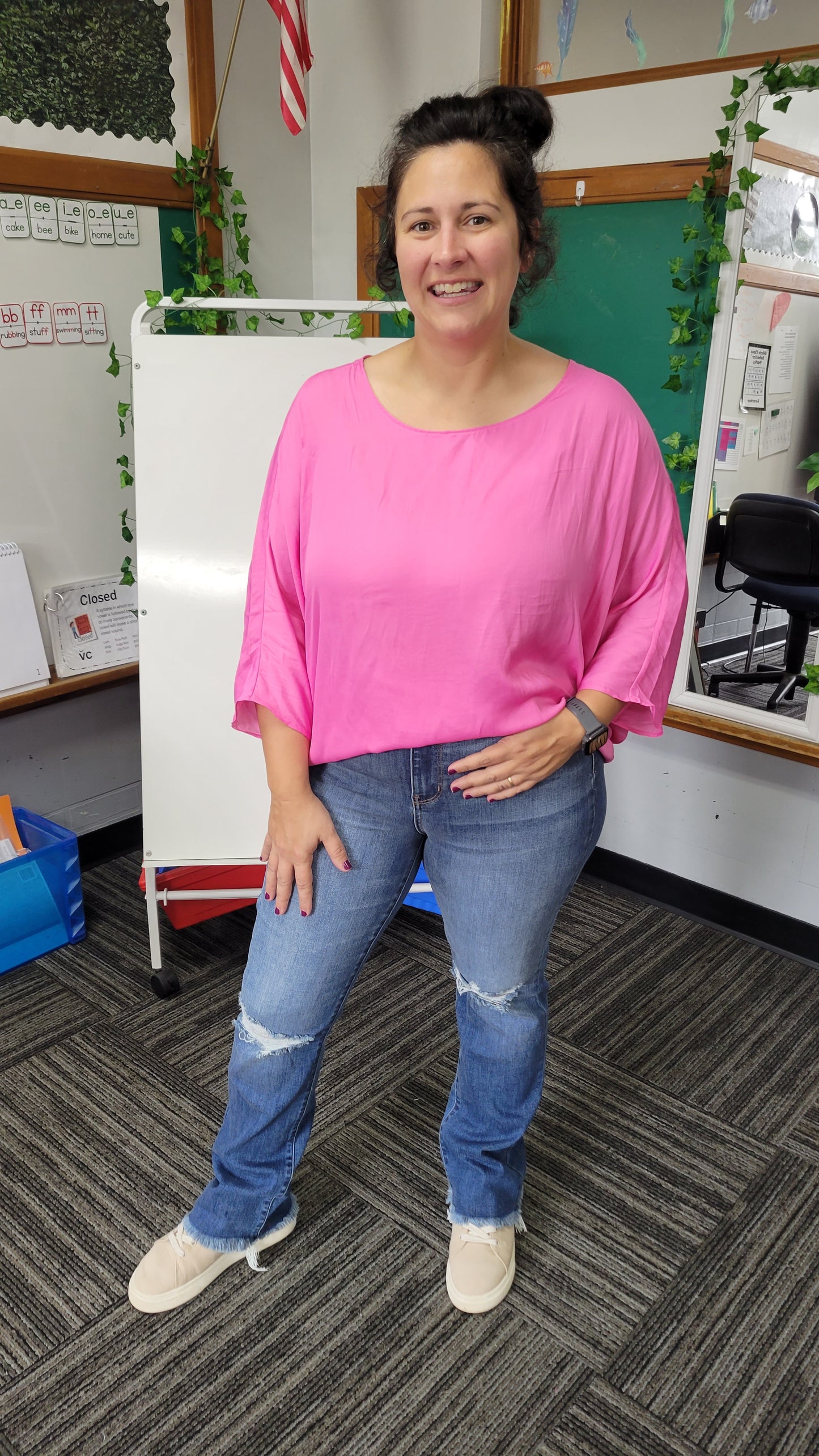 Bubble Gum Pink ¾ Sleeve Dolman Top "Lorelai" (L)