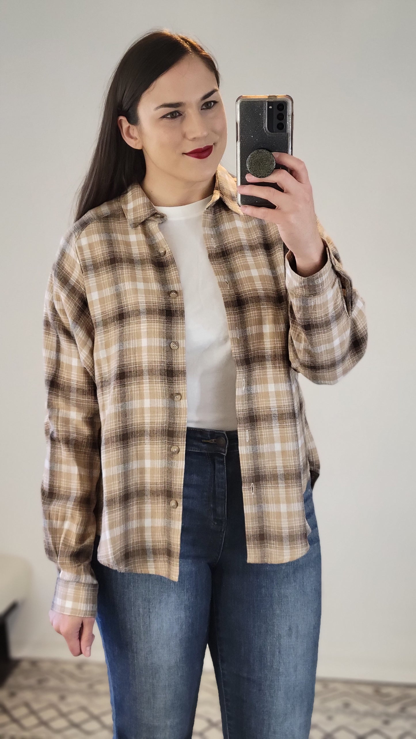 Mocha Button Down Plaid Flannel Top "Joyce"