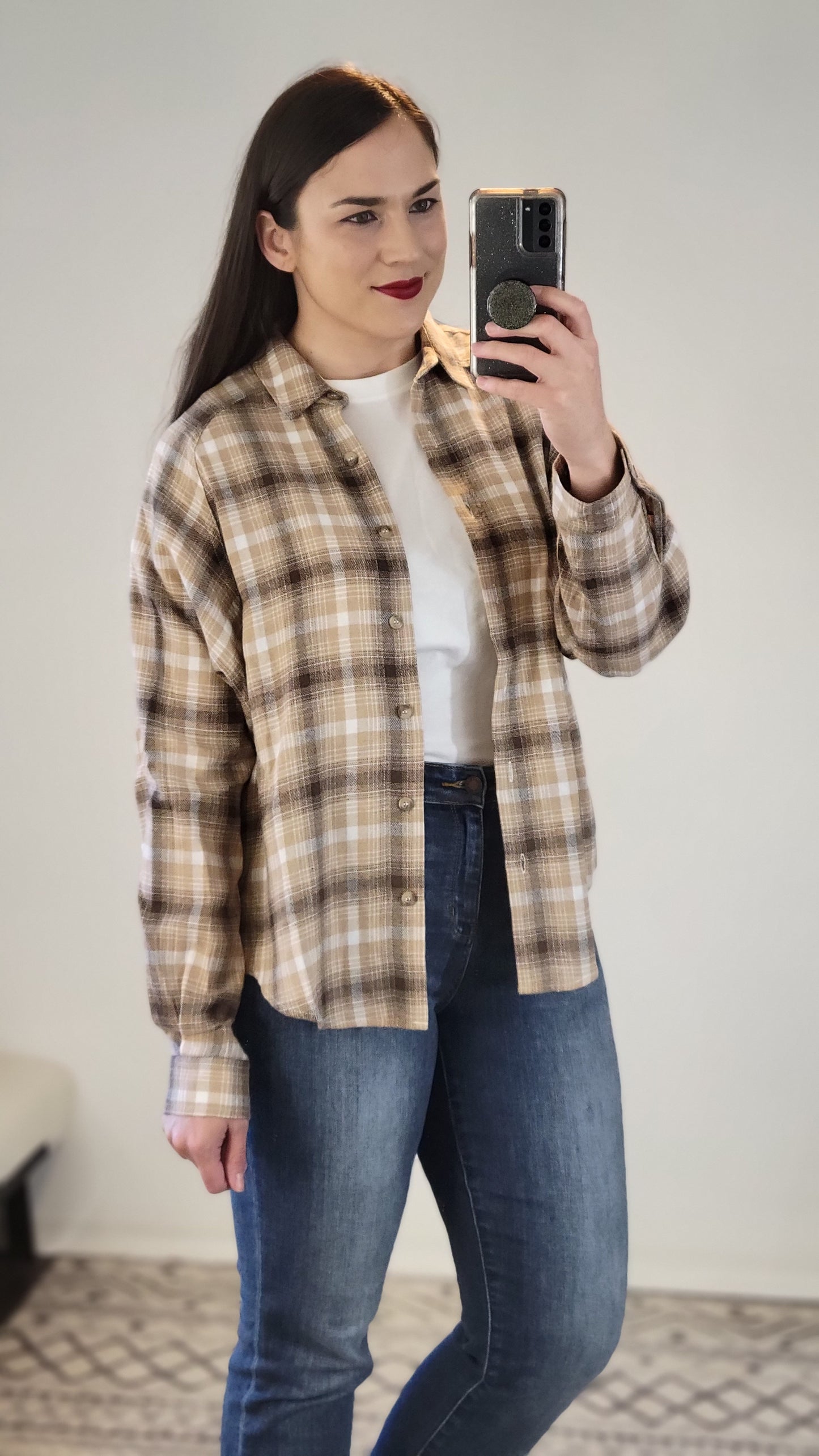 Mocha Button Down Plaid Flannel Top "Joyce"