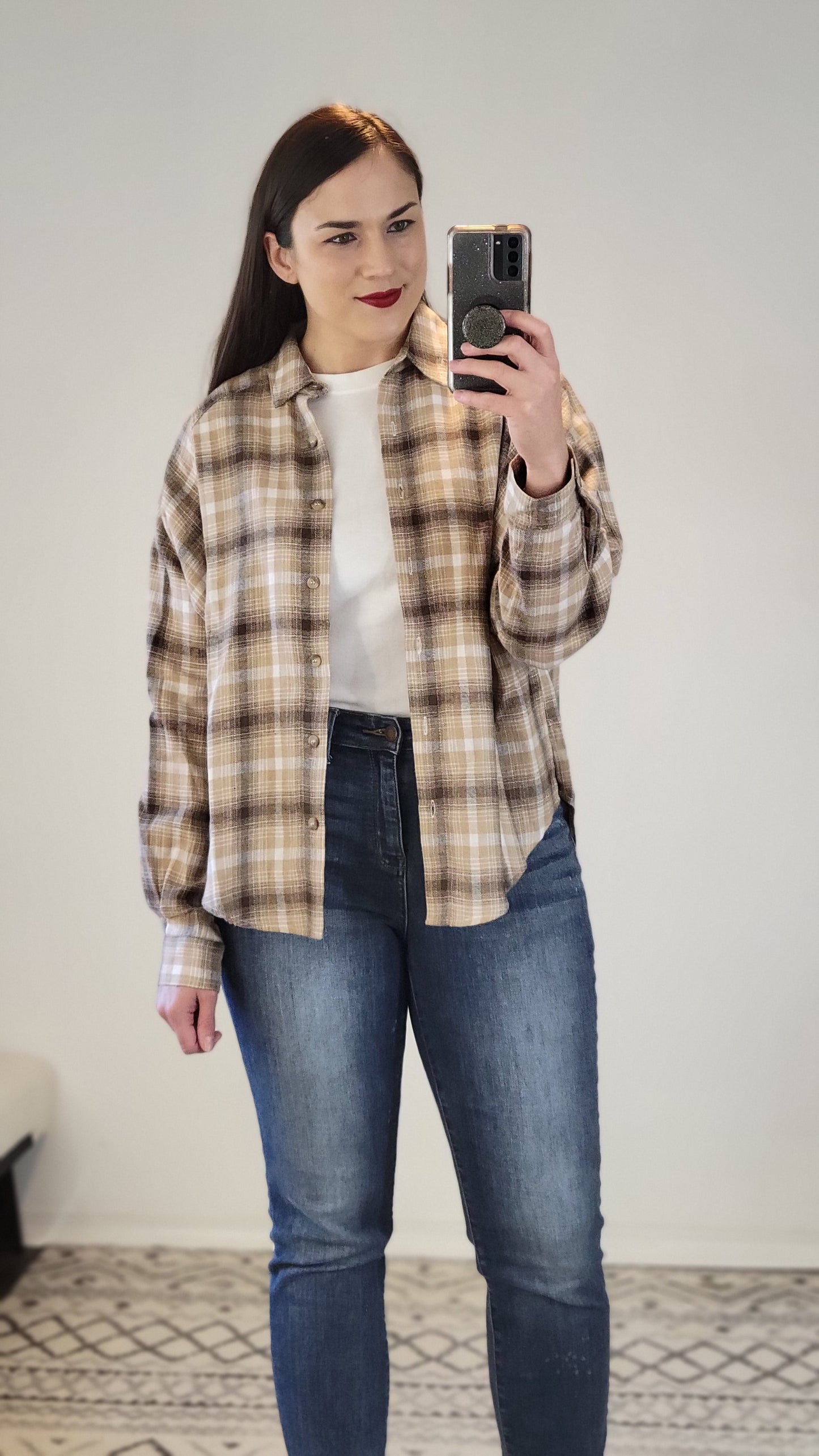 Mocha Button Down Plaid Flannel Top "Joyce"