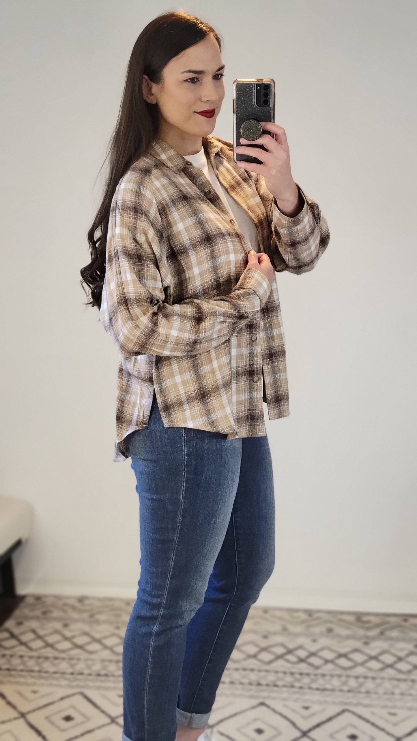 Mocha Button Down Plaid Flannel Top "Joyce"