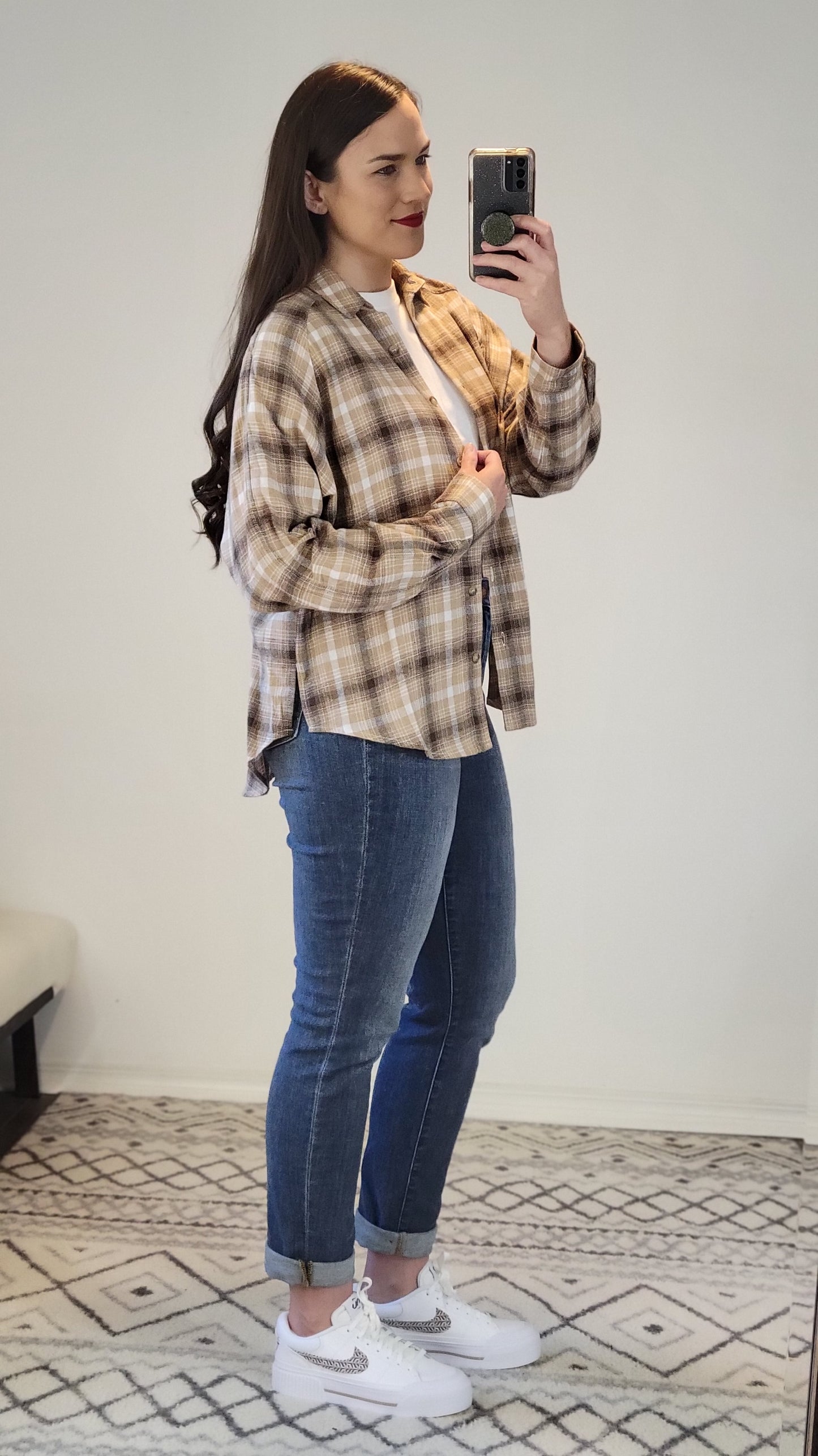 Mocha Button Down Plaid Flannel Top "Joyce"