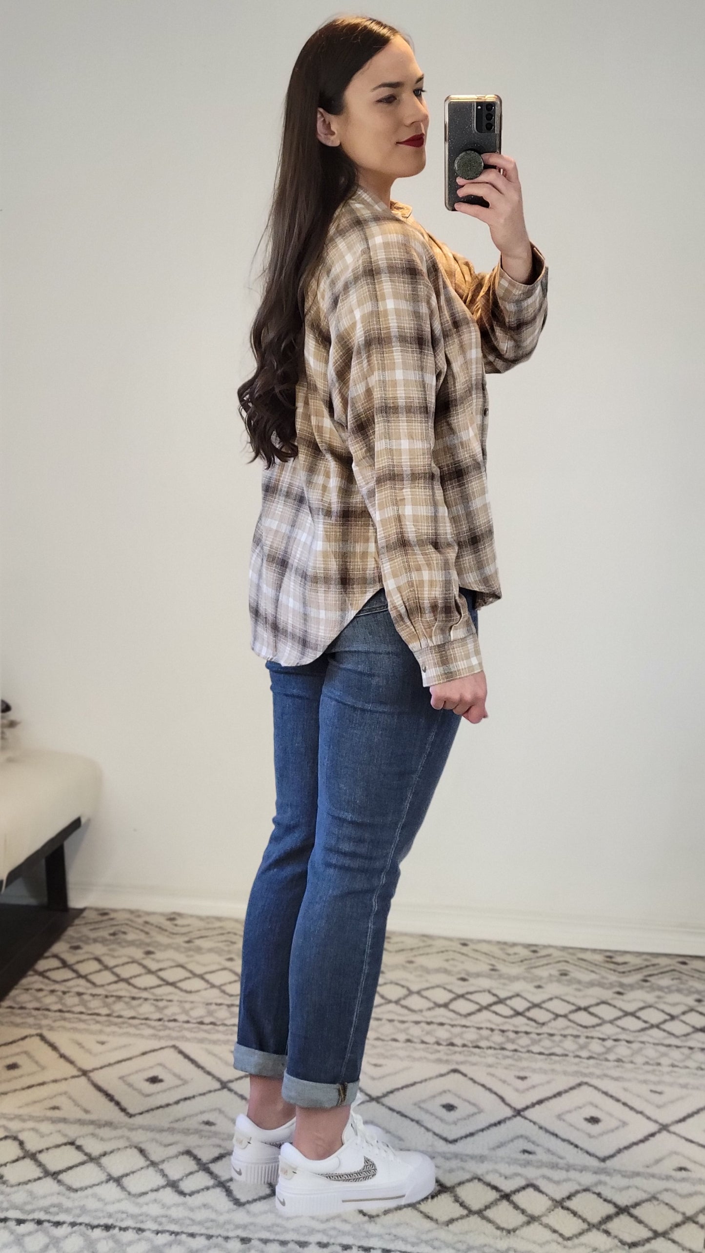 Mocha Button Down Plaid Flannel Top "Joyce"