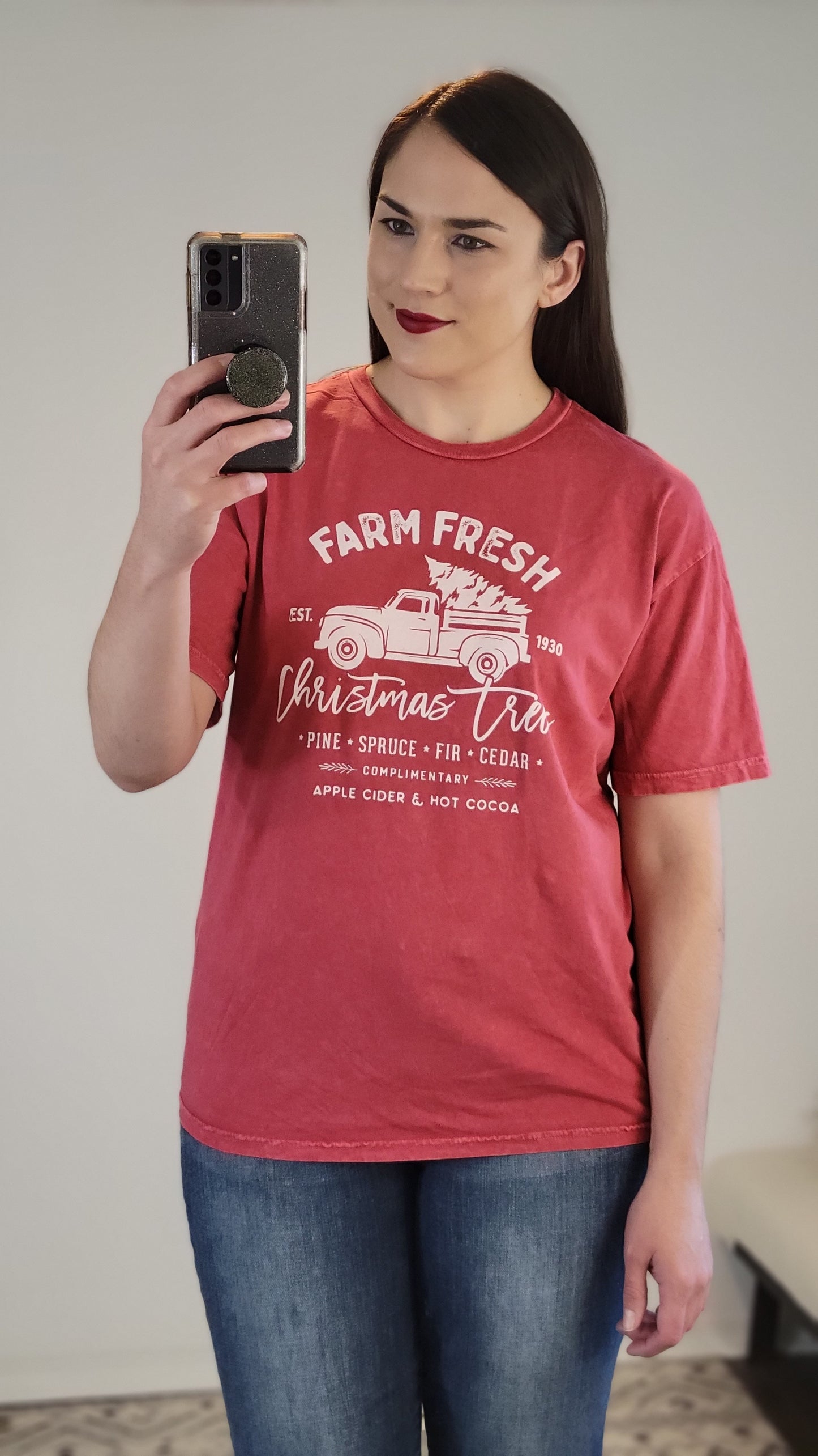 Cardinal Red Farm Fresh Christmas Tree Mineral Wash Graphic Tee "Faith"