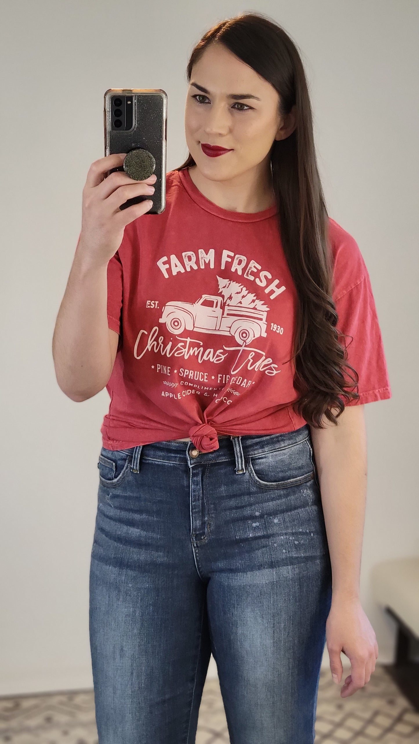 Cardinal Red Farm Fresh Christmas Tree Mineral Wash Graphic Tee "Faith"