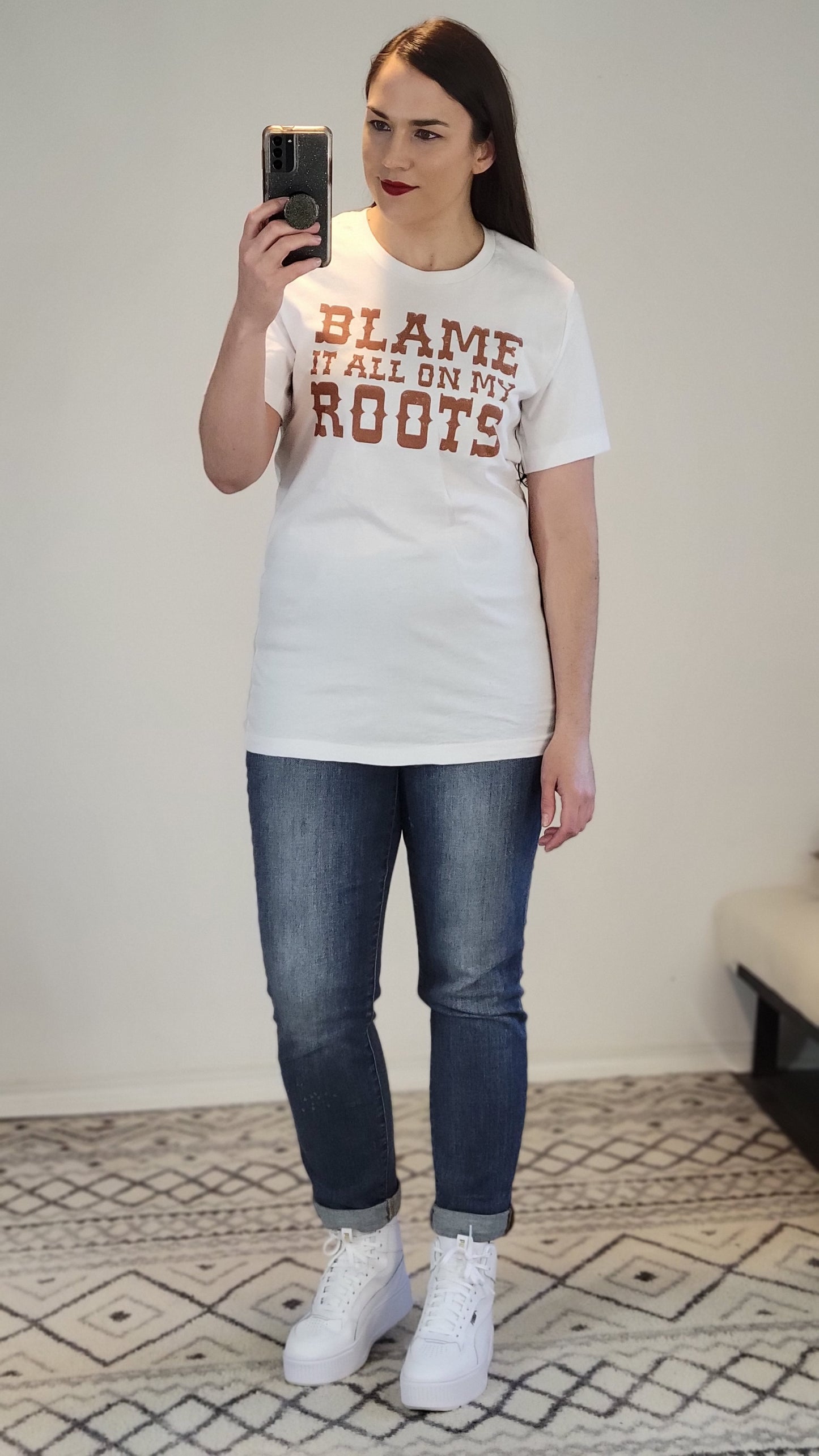 White Blame It All On My Roots Graphic Tee "Tara"