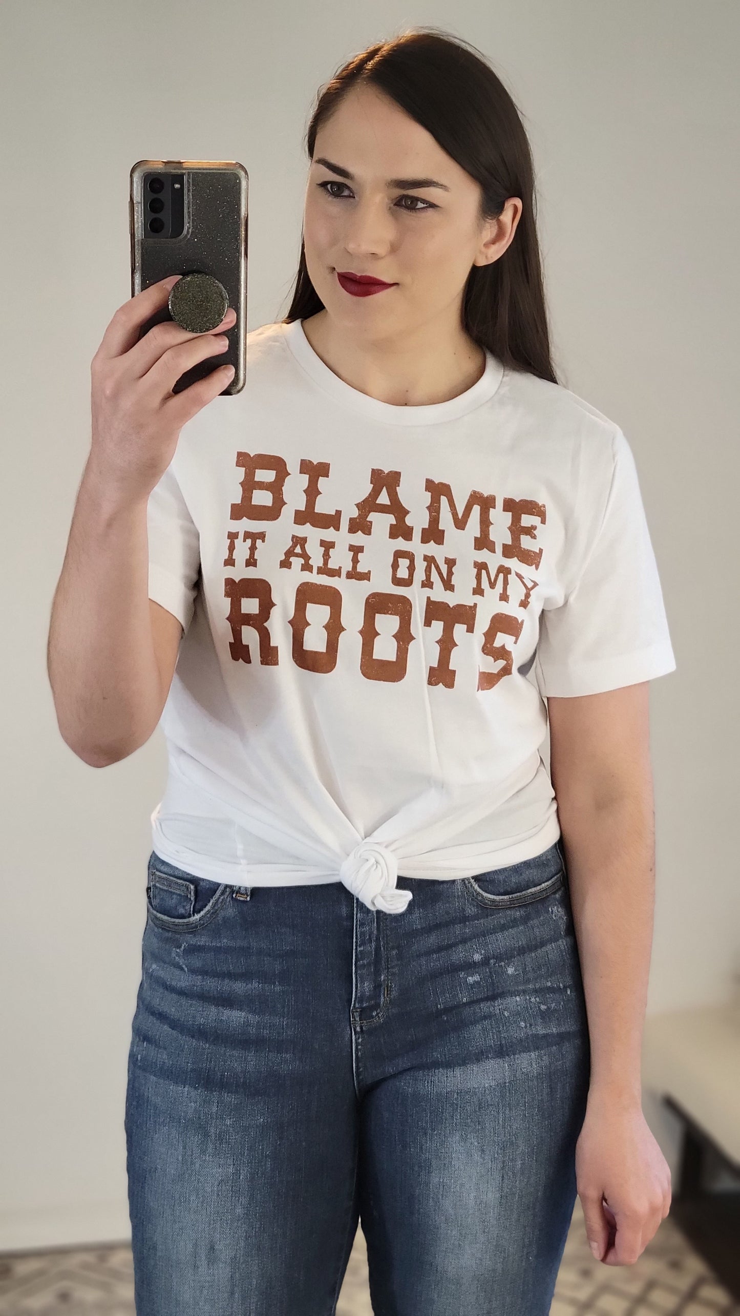 White Blame It All On My Roots Graphic Tee "Tara"