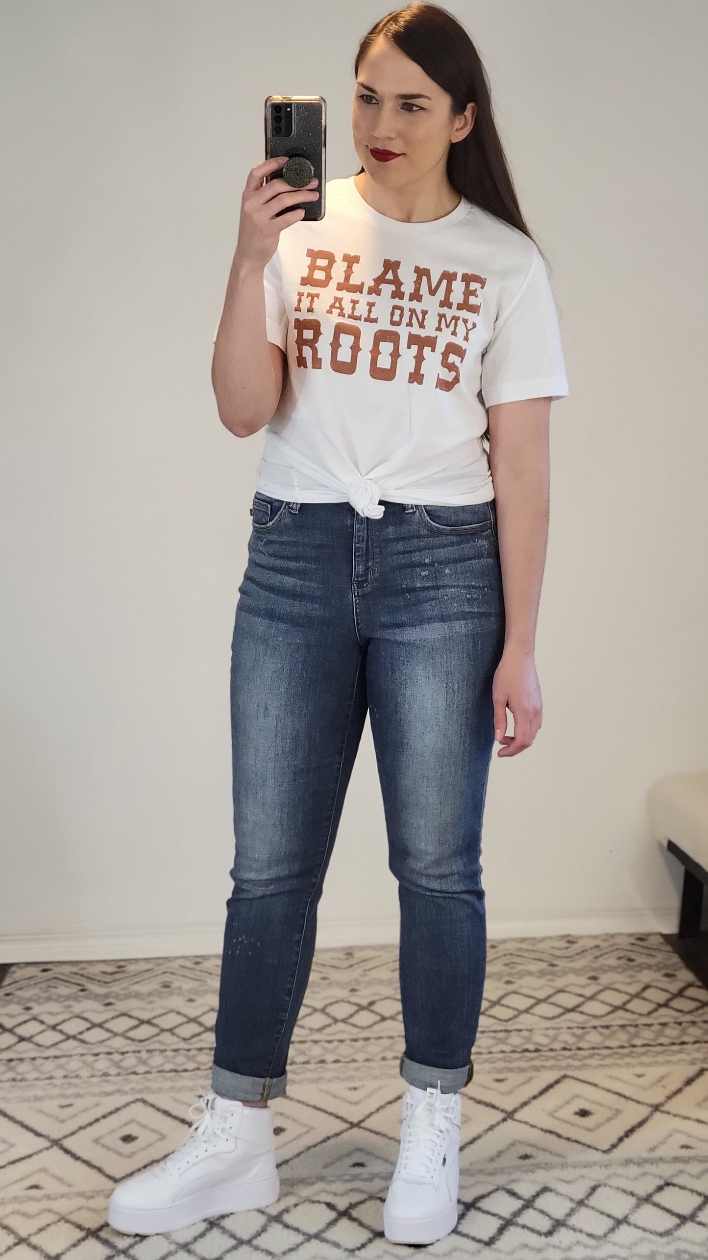 White Blame It All On My Roots Graphic Tee "Tara"