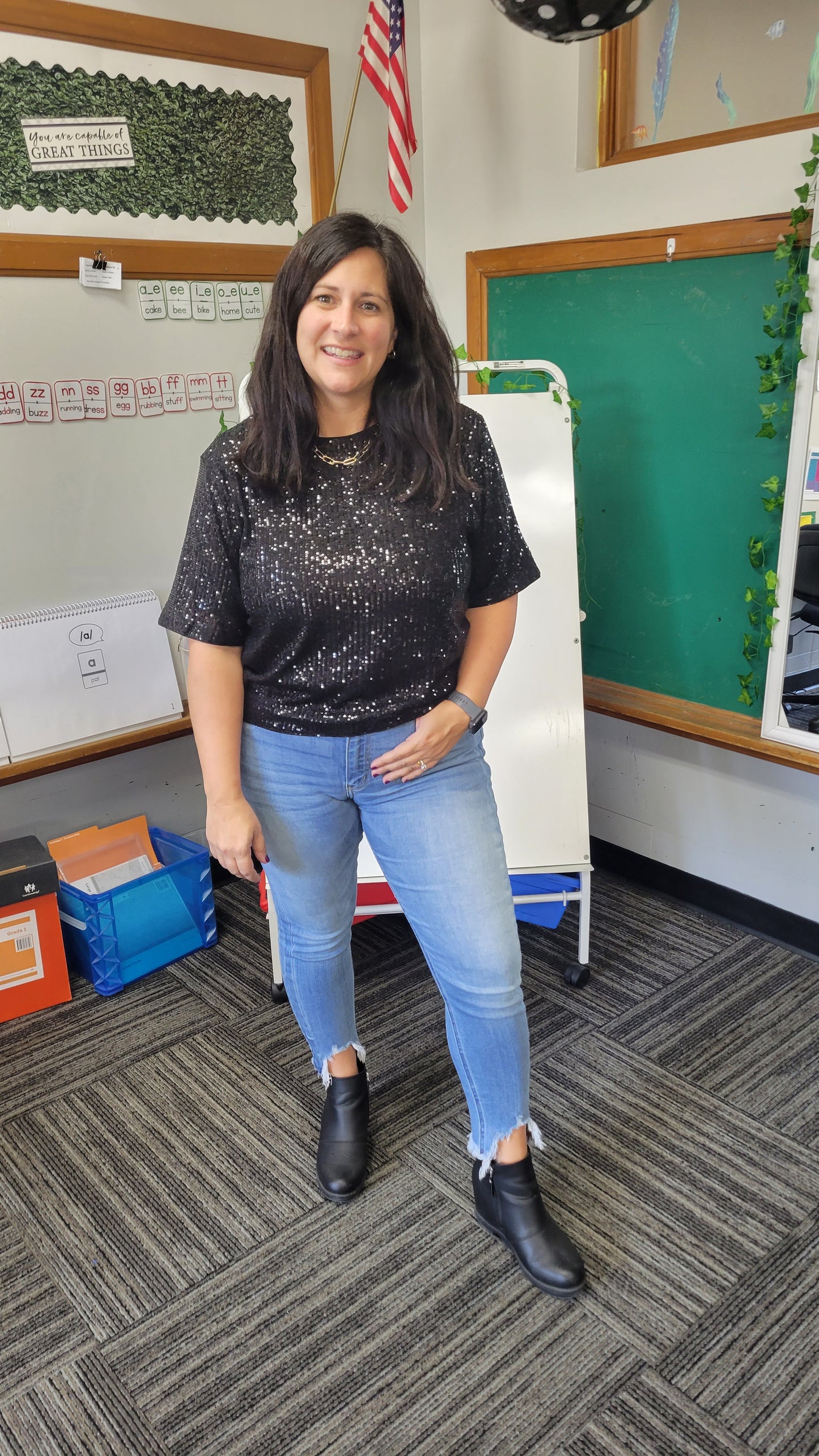 Black Sequin Relaxed Crop Top "Willow"