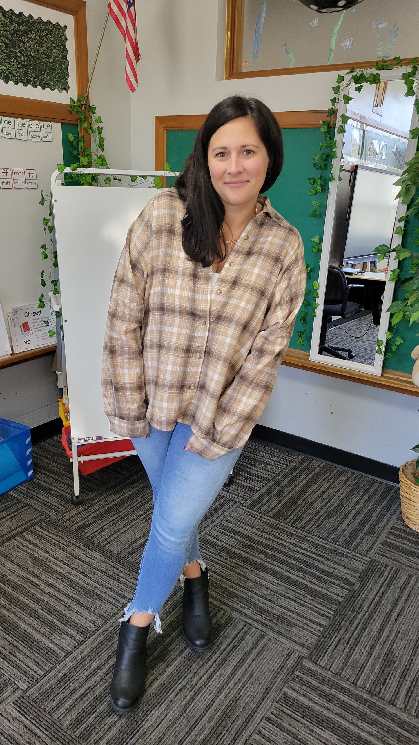 Mocha Button Down Plaid Flannel Top "Joyce"