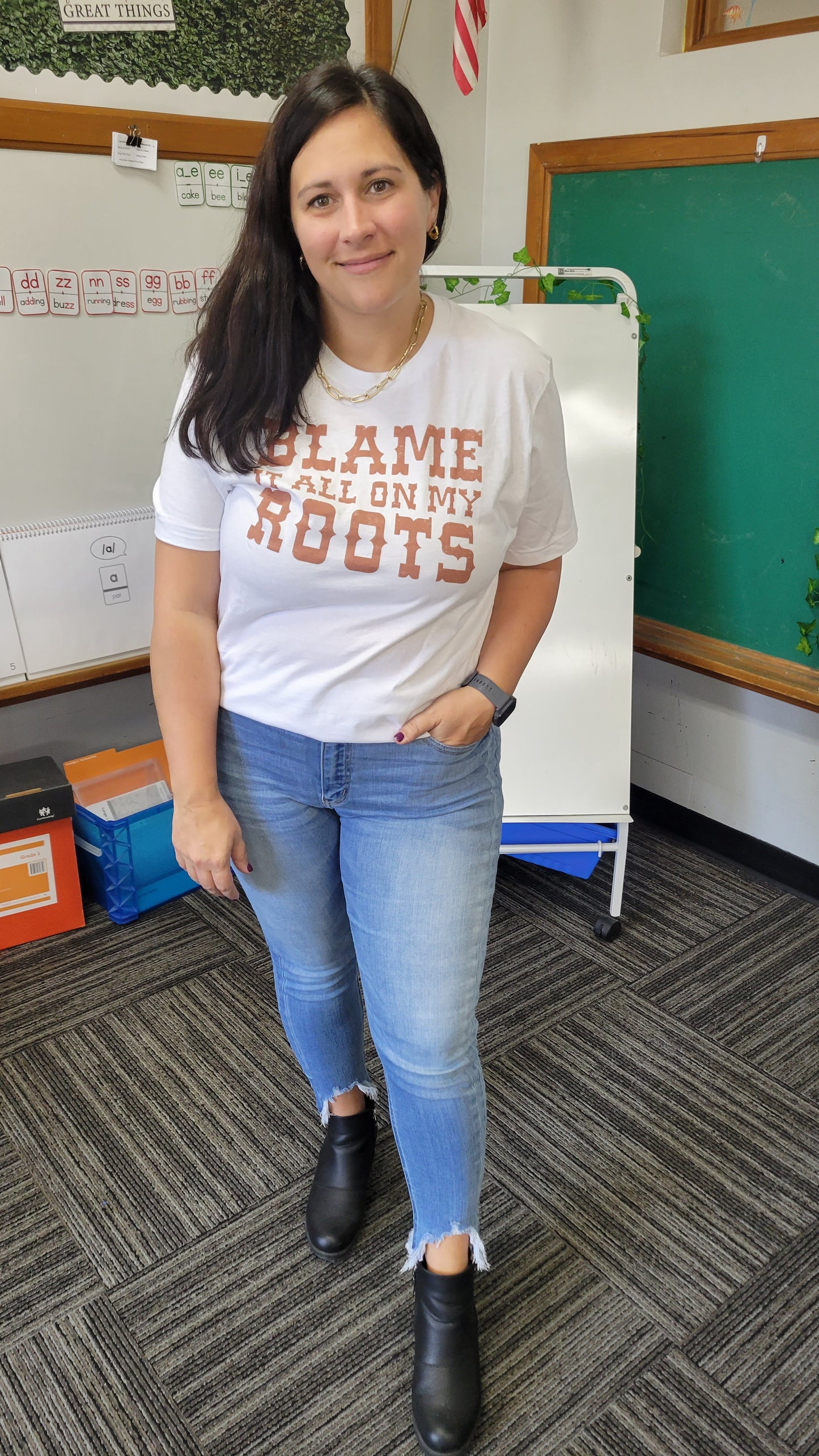 White Blame It All On My Roots Graphic Tee "Tara"