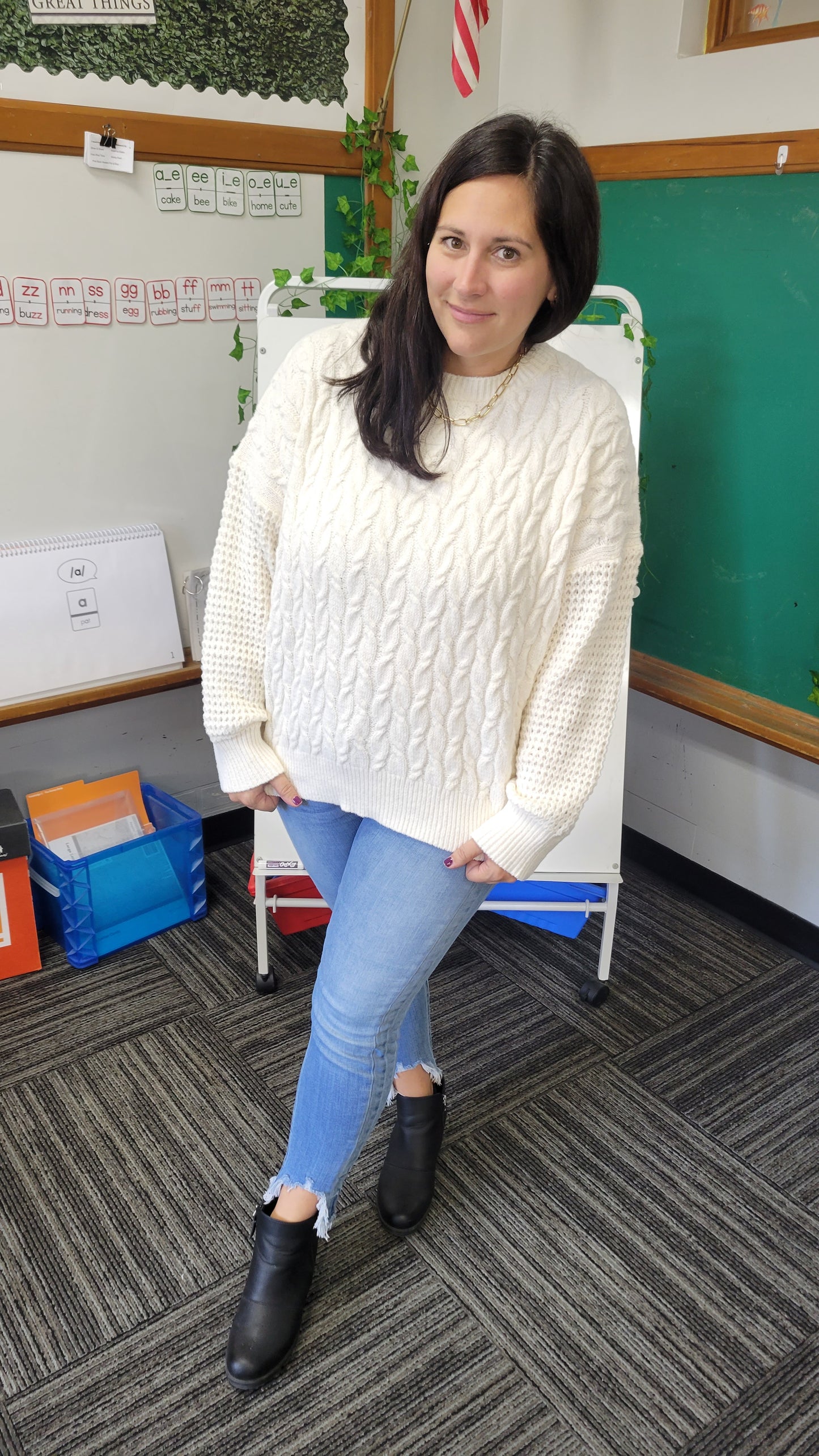 Cream Contrast Pattern Pullover Sweater "Anya"