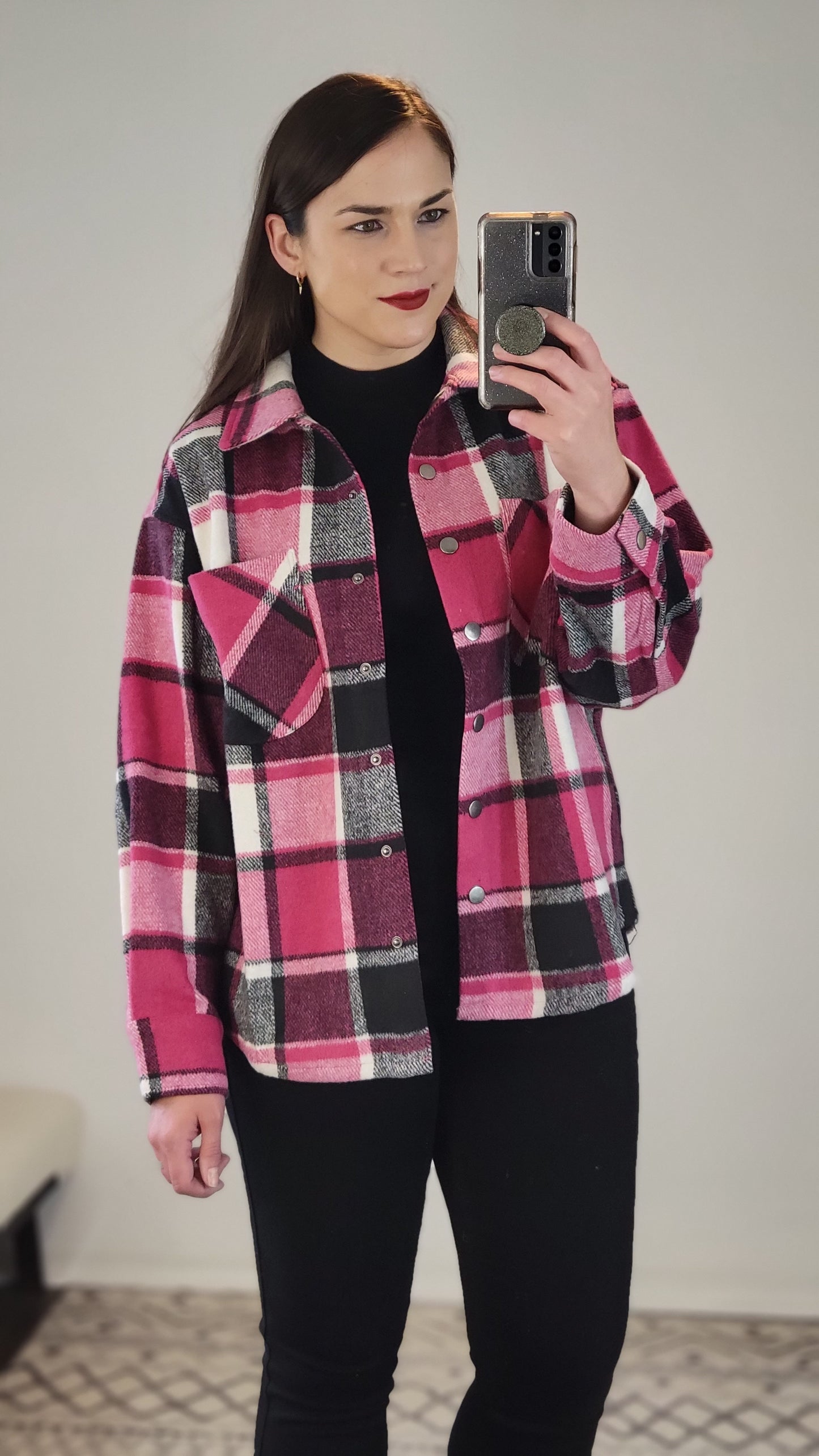 Hot Pink Plaid Shacket "Cher"