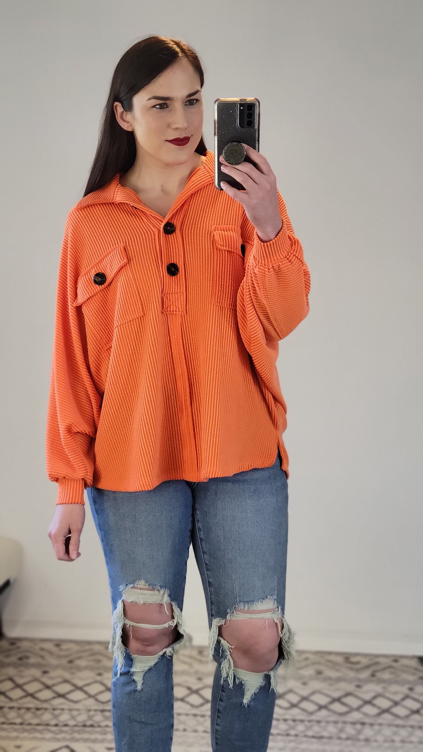 Orange Collared Oversized Button Up Ribbed Pullover Top "Patricia"