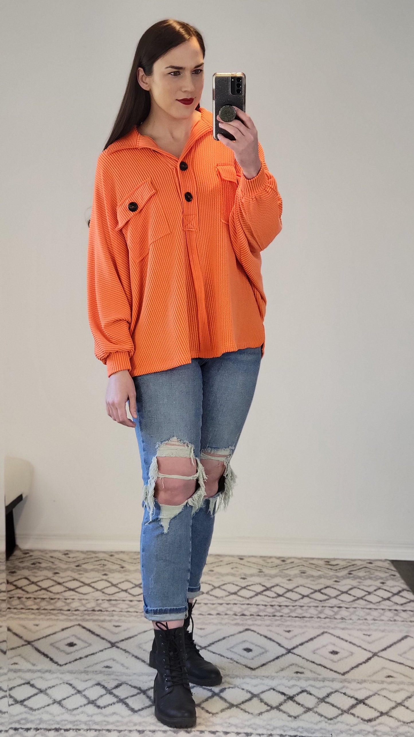 Orange Collared Oversized Button Up Ribbed Pullover Top "Patricia"