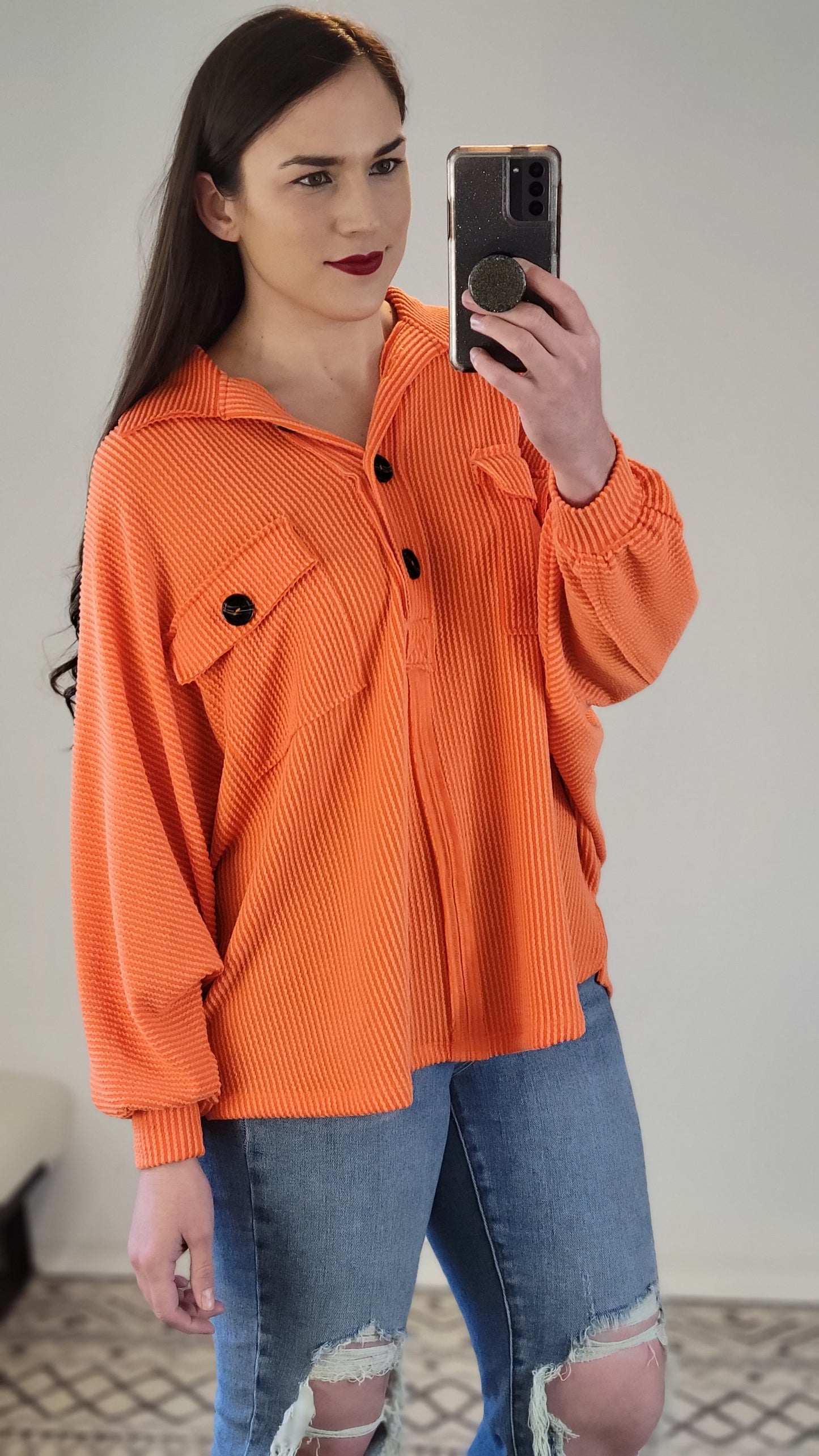 Orange Collared Oversized Button Up Ribbed Pullover Top "Patricia"