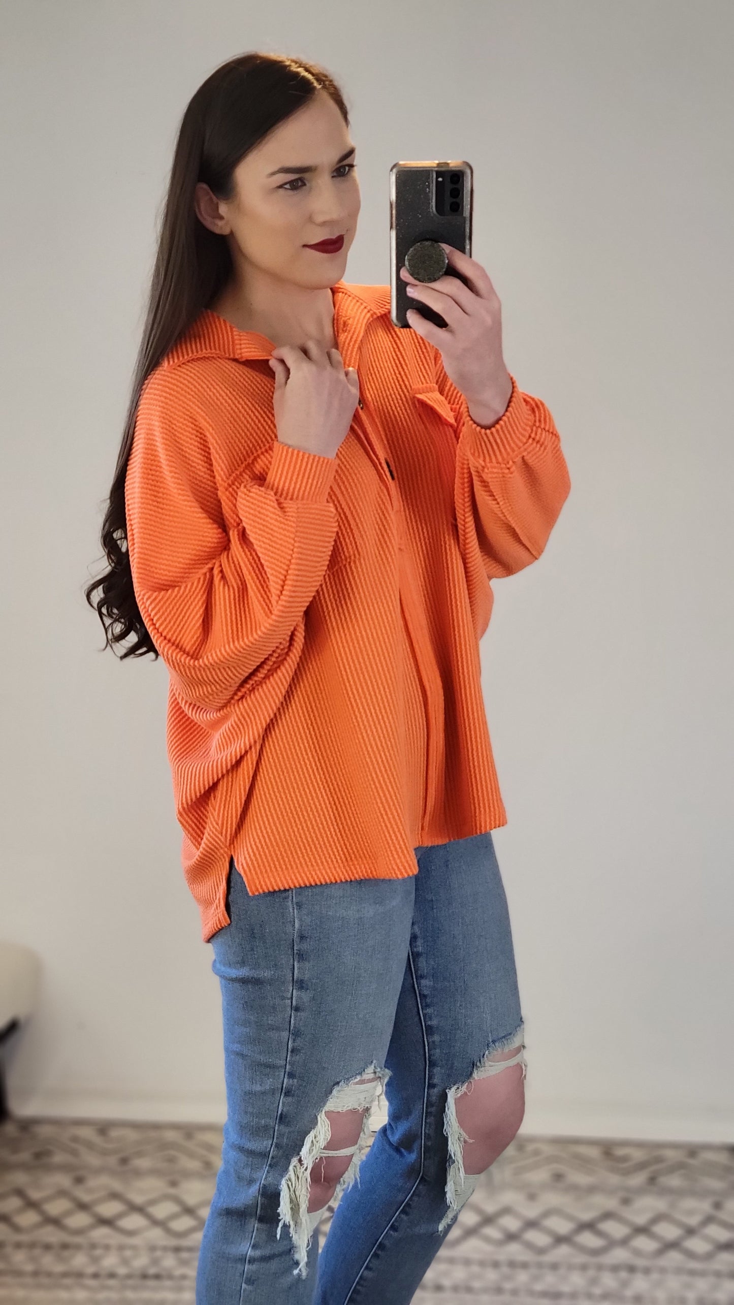 Orange Collared Oversized Button Up Ribbed Pullover Top "Patricia"