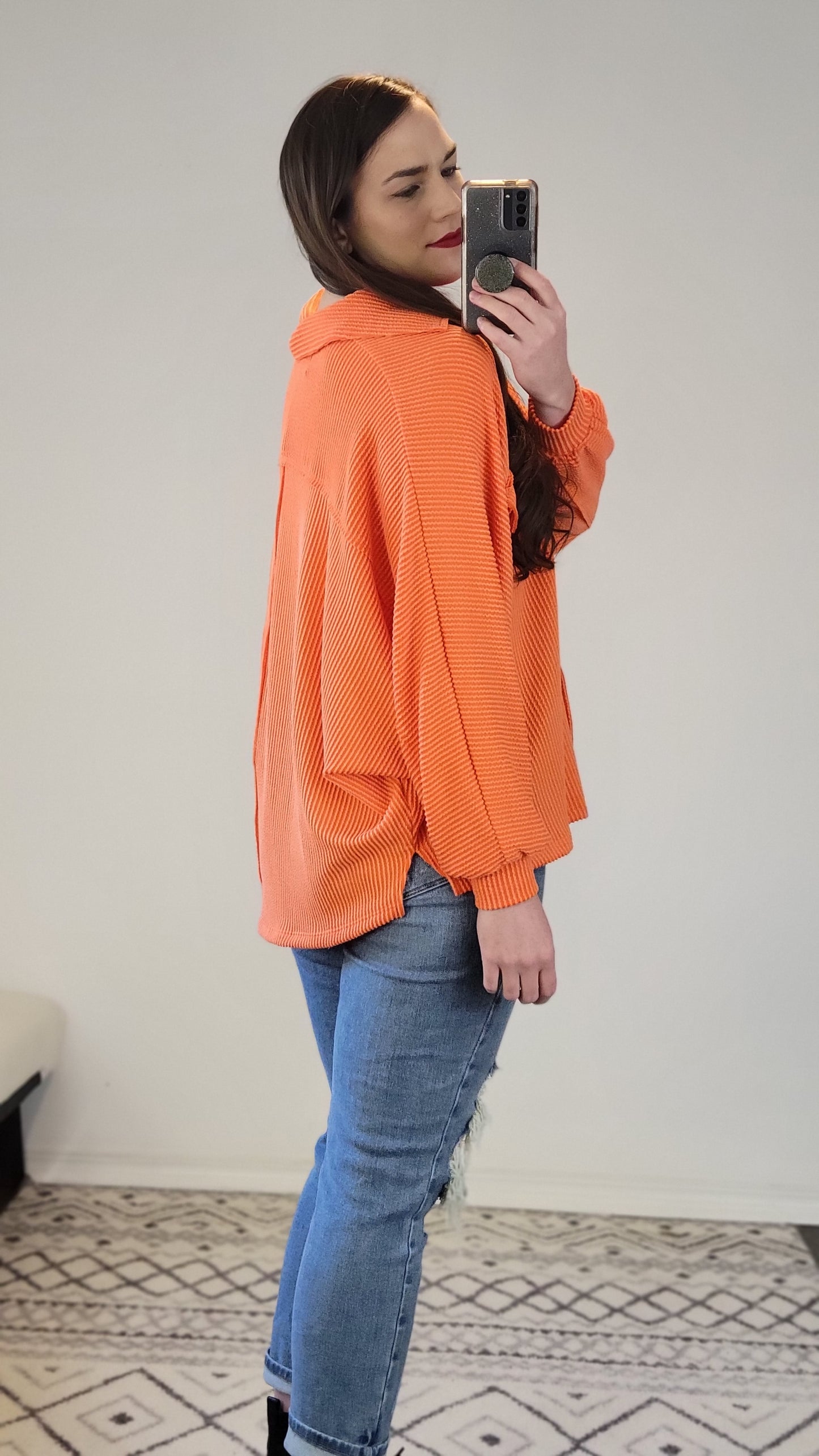 Orange Collared Oversized Button Up Ribbed Pullover Top "Patricia"