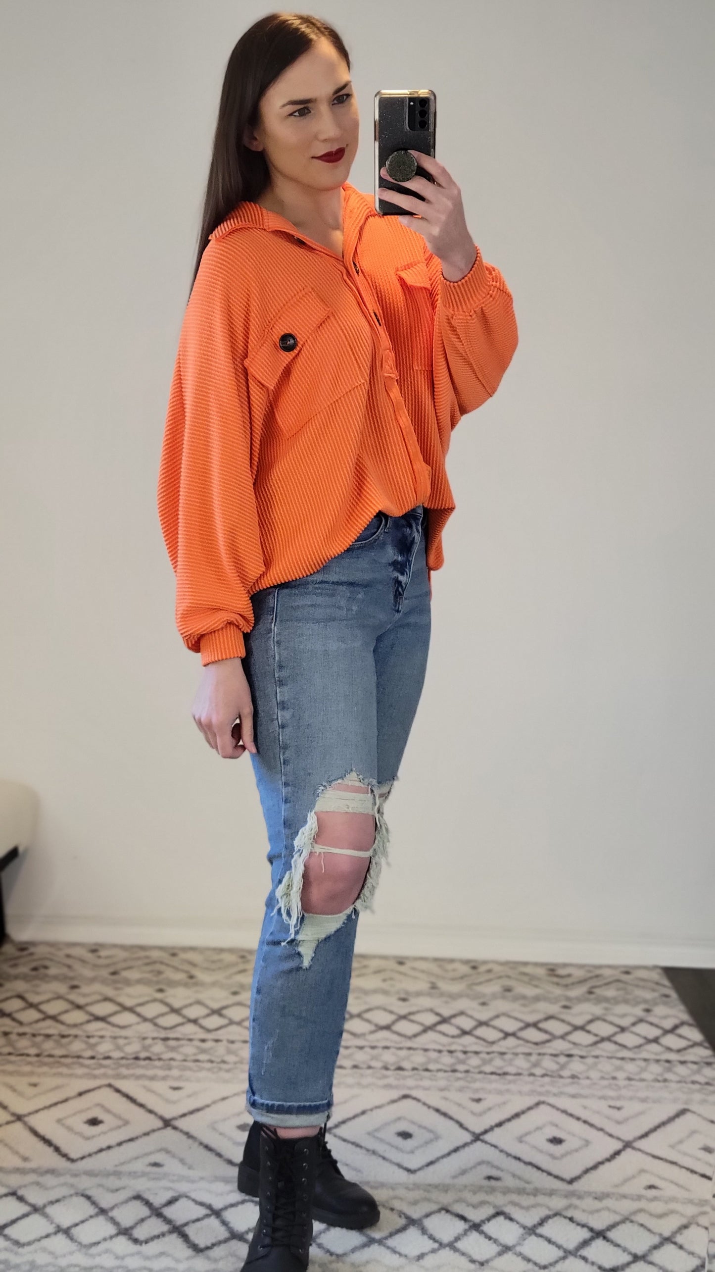 Orange Collared Oversized Button Up Ribbed Pullover Top "Patricia"