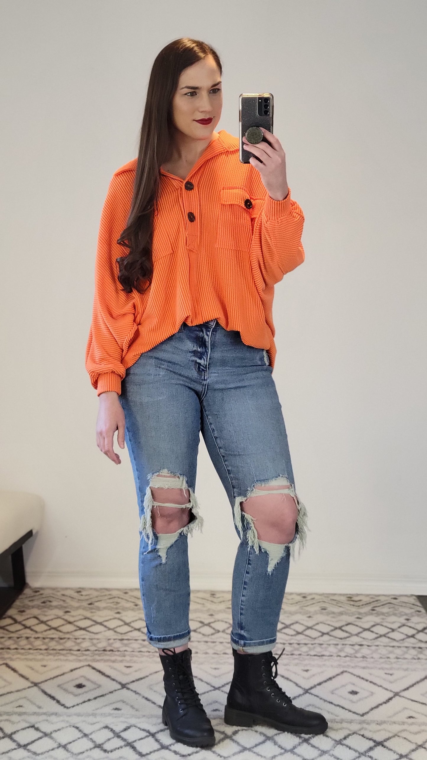 Orange Collared Oversized Button Up Ribbed Pullover Top "Patricia"