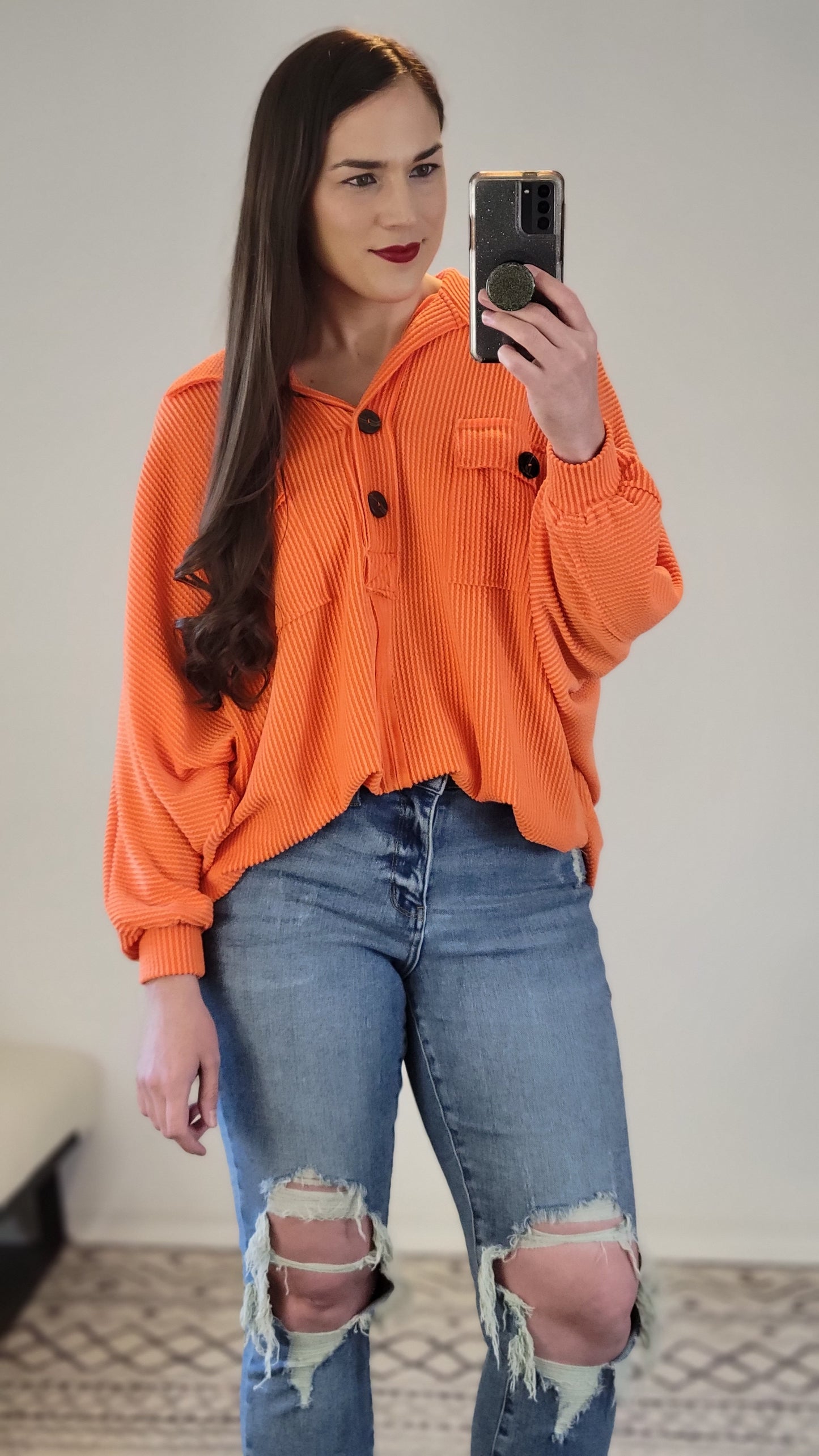 Orange Collared Oversized Button Up Ribbed Pullover Top "Patricia"