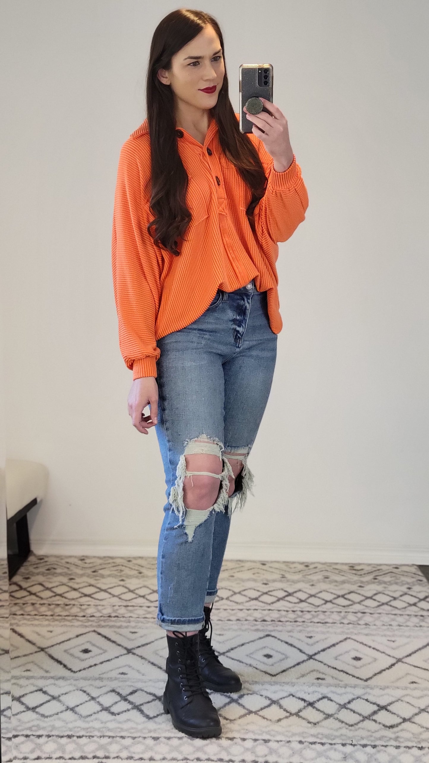 Orange Collared Oversized Button Up Ribbed Pullover Top "Patricia"
