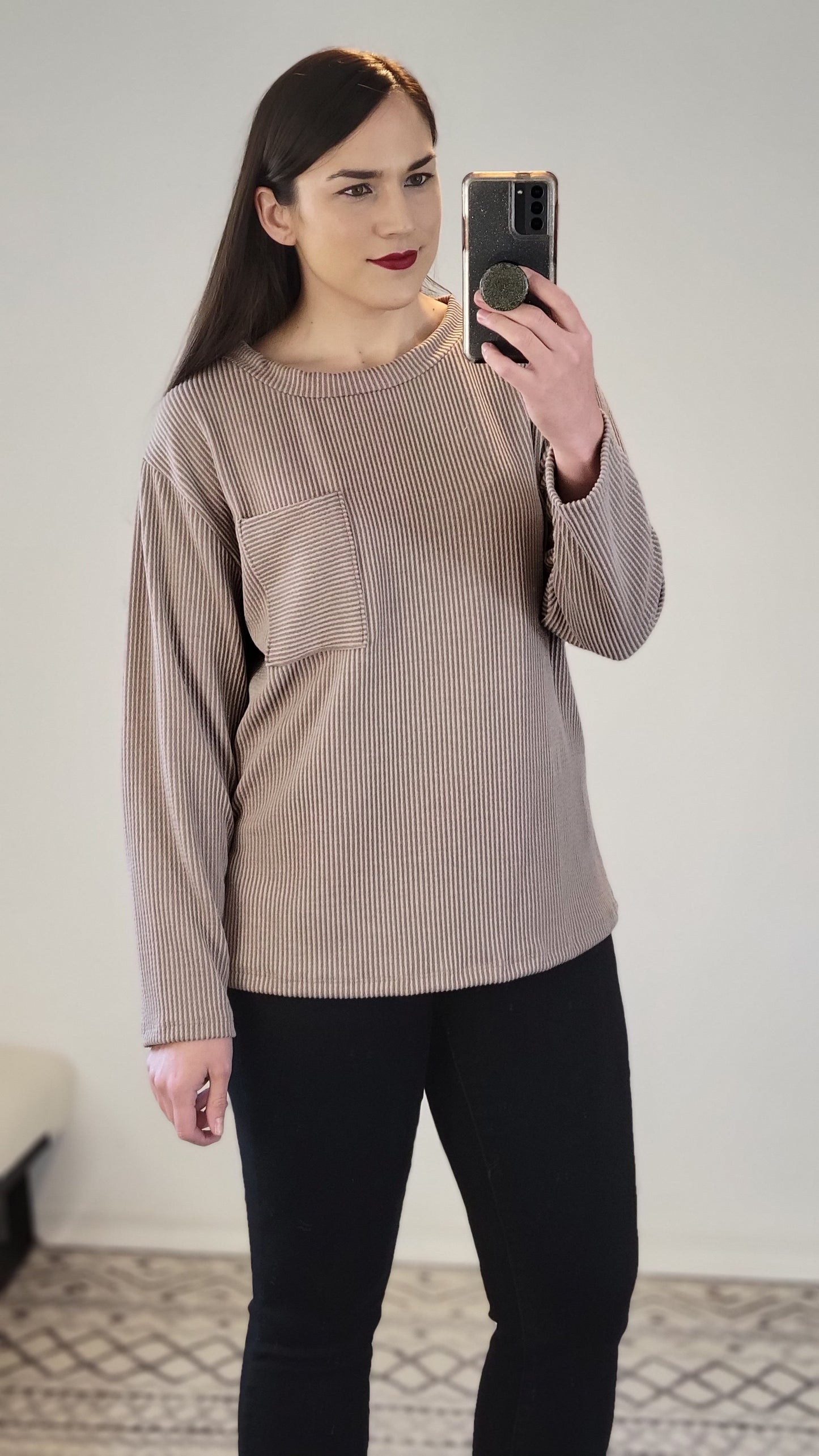 Acorn Ribbed Pocket Detail Top "Cheryl"