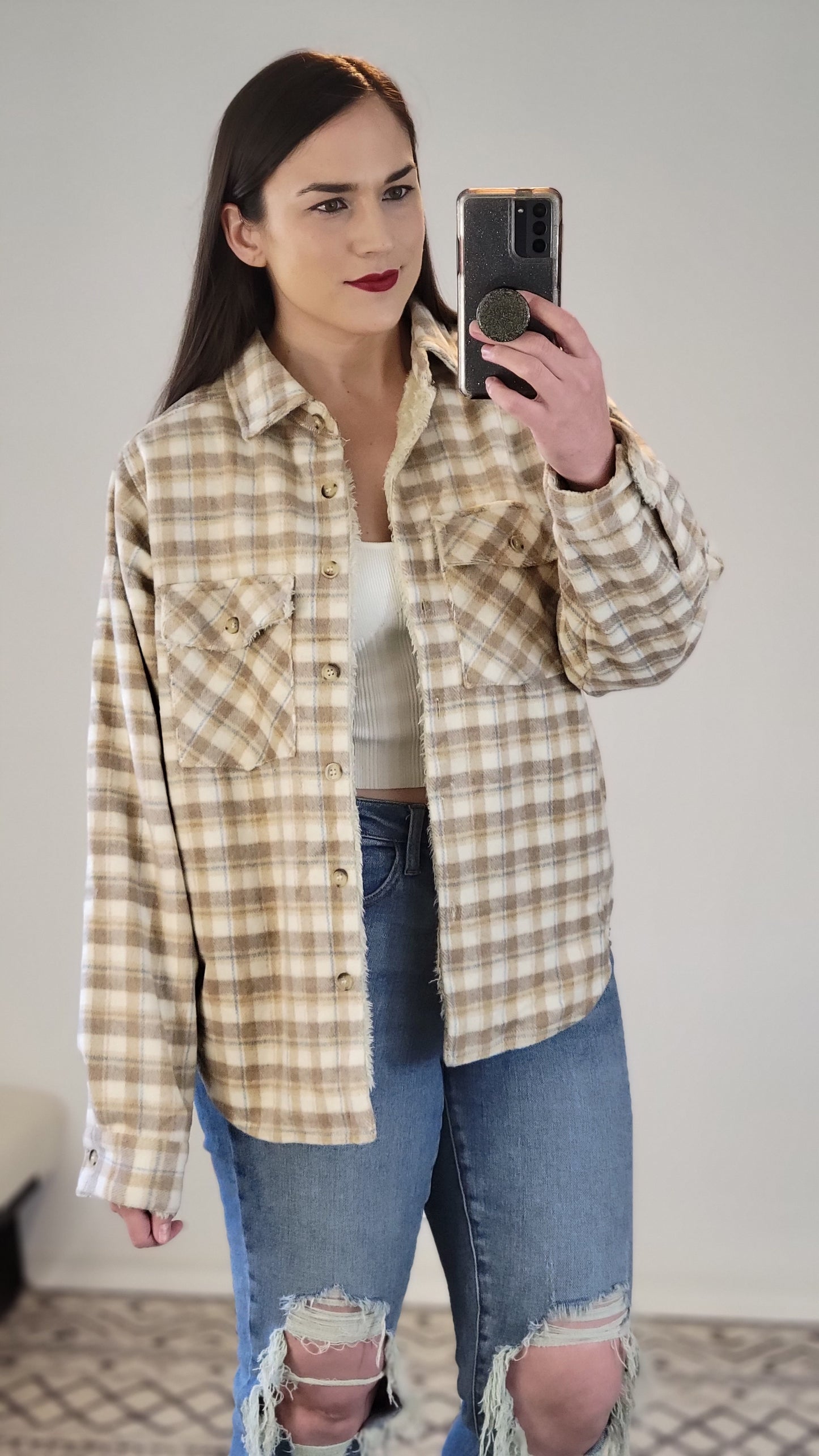 Taupe Faux Fur Lined Plaid Shacket "Leslie"