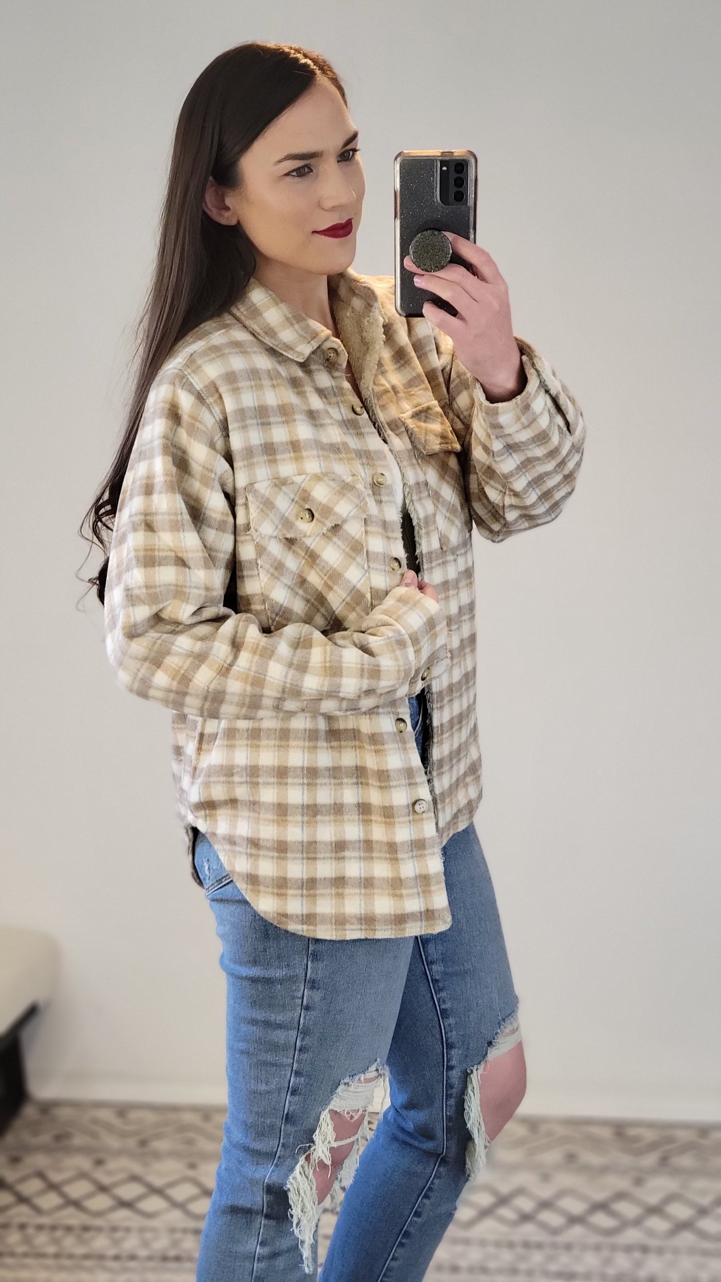 Taupe Faux Fur Lined Plaid Shacket "Leslie"