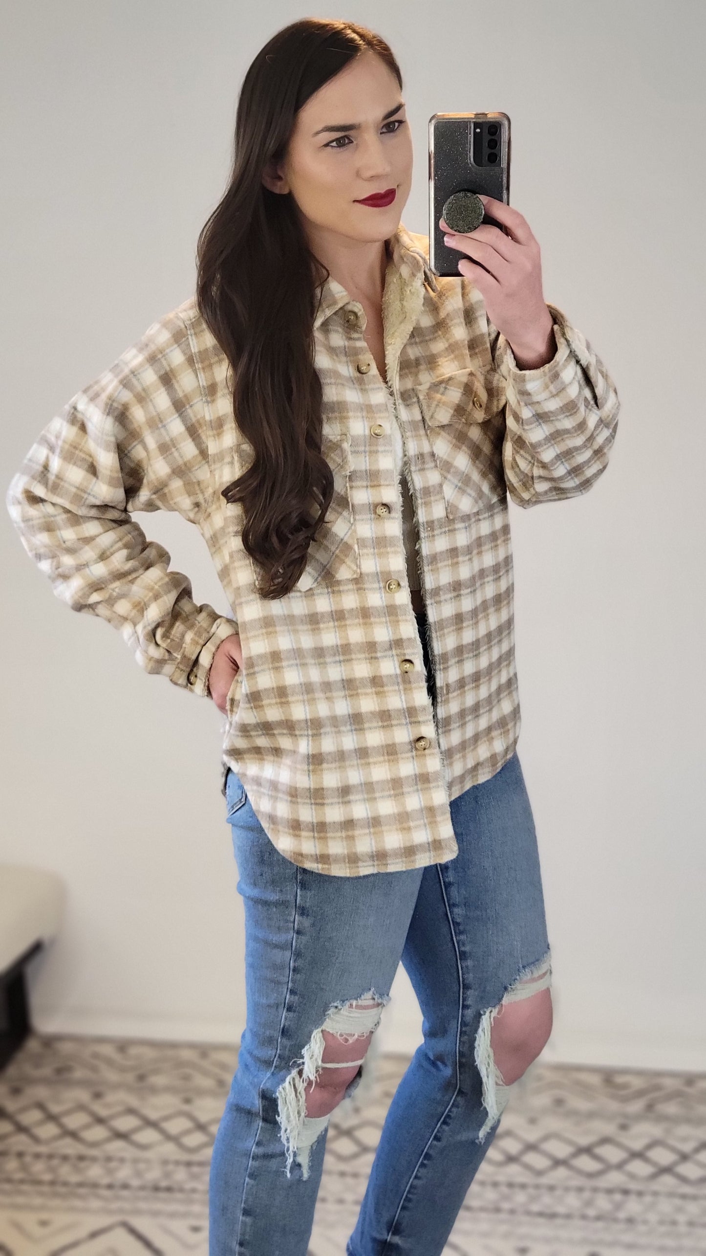 Taupe Faux Fur Lined Plaid Shacket "Leslie"