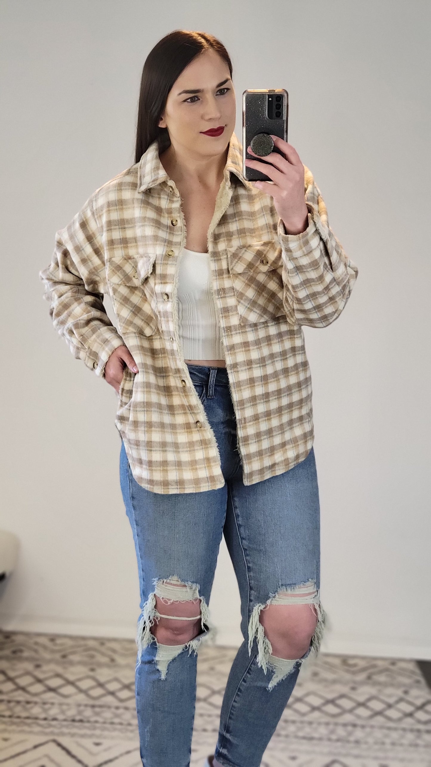 Taupe Faux Fur Lined Plaid Shacket "Leslie"