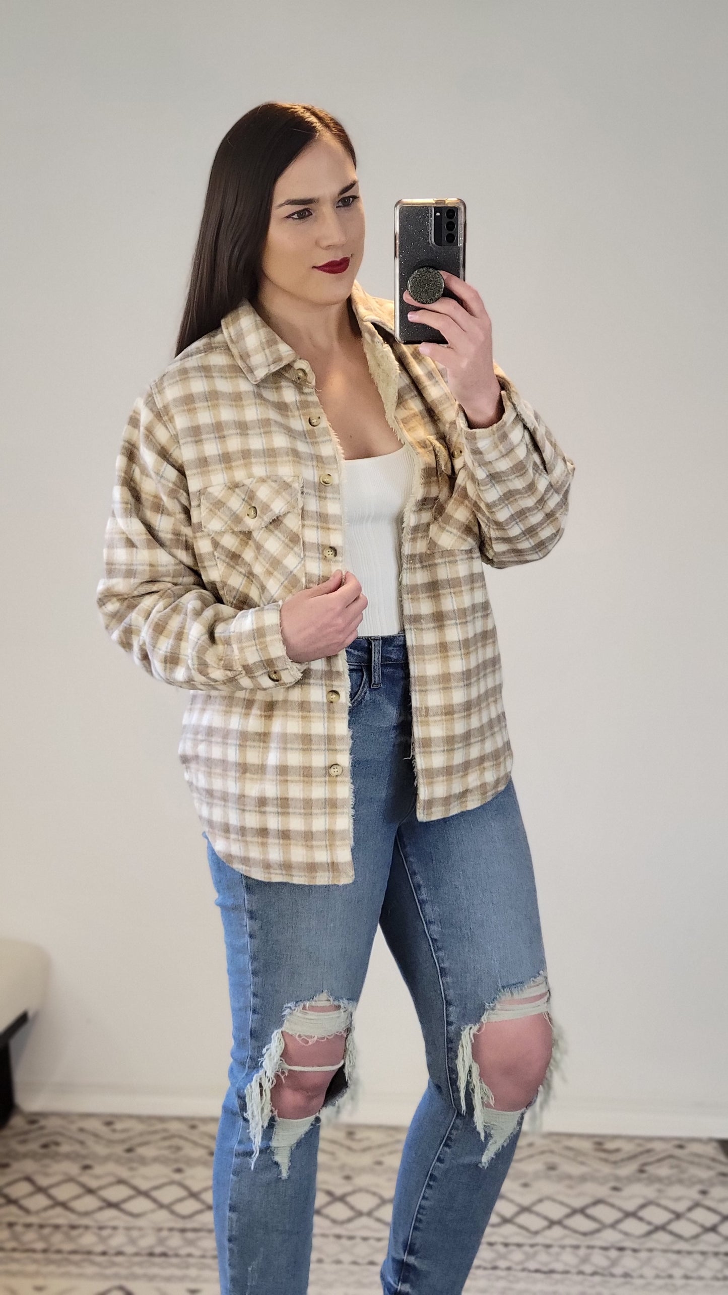 Taupe Faux Fur Lined Plaid Shacket "Leslie"