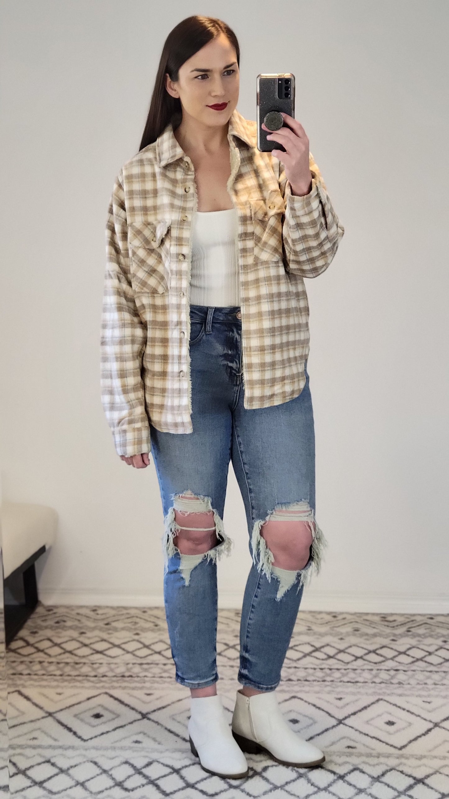 Taupe Faux Fur Lined Plaid Shacket "Leslie"
