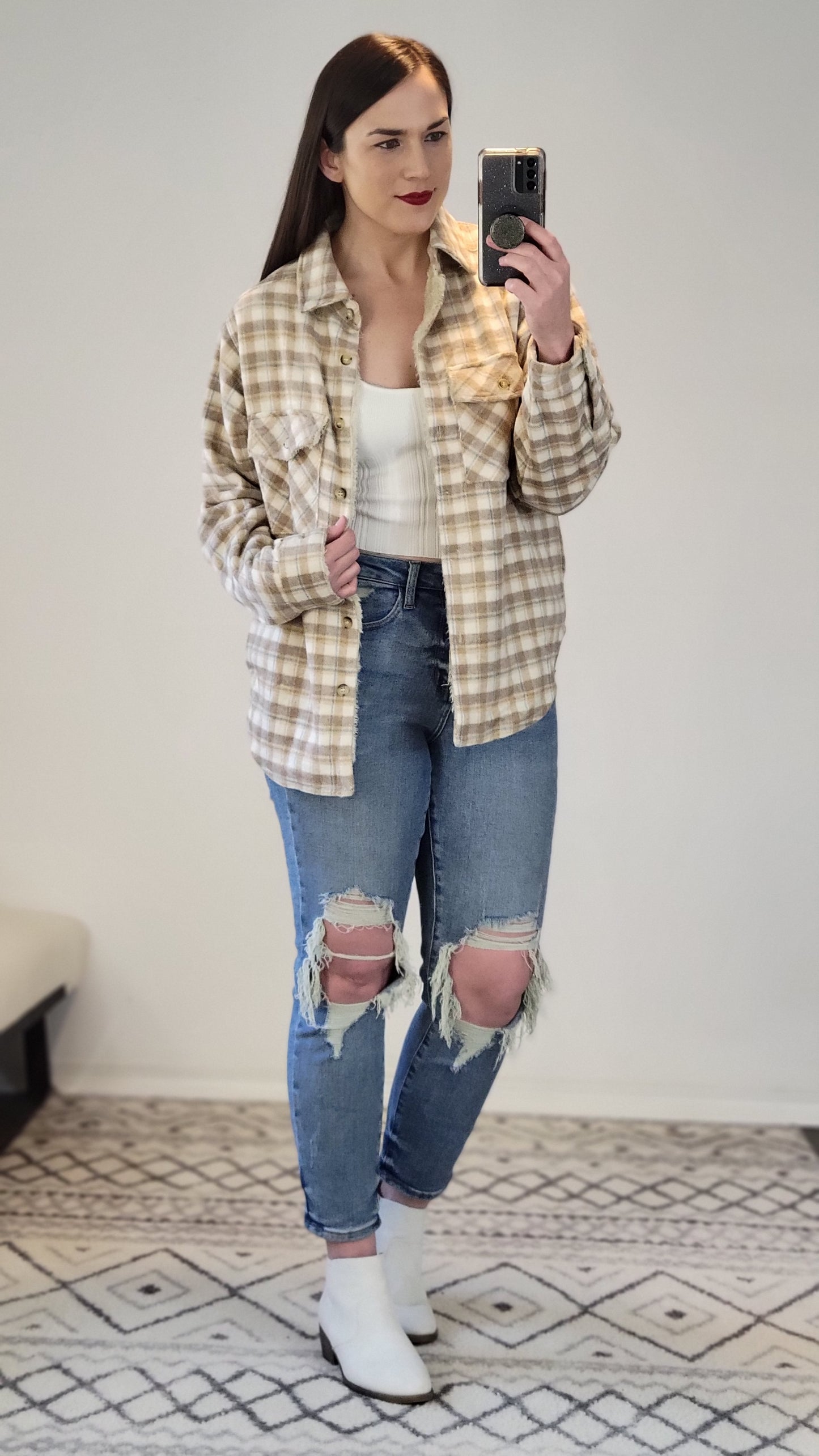 Taupe Faux Fur Lined Plaid Shacket "Leslie"