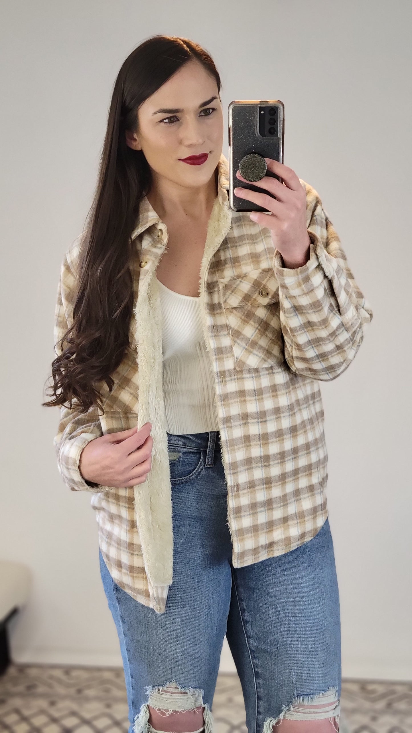 Taupe Faux Fur Lined Plaid Shacket "Leslie"