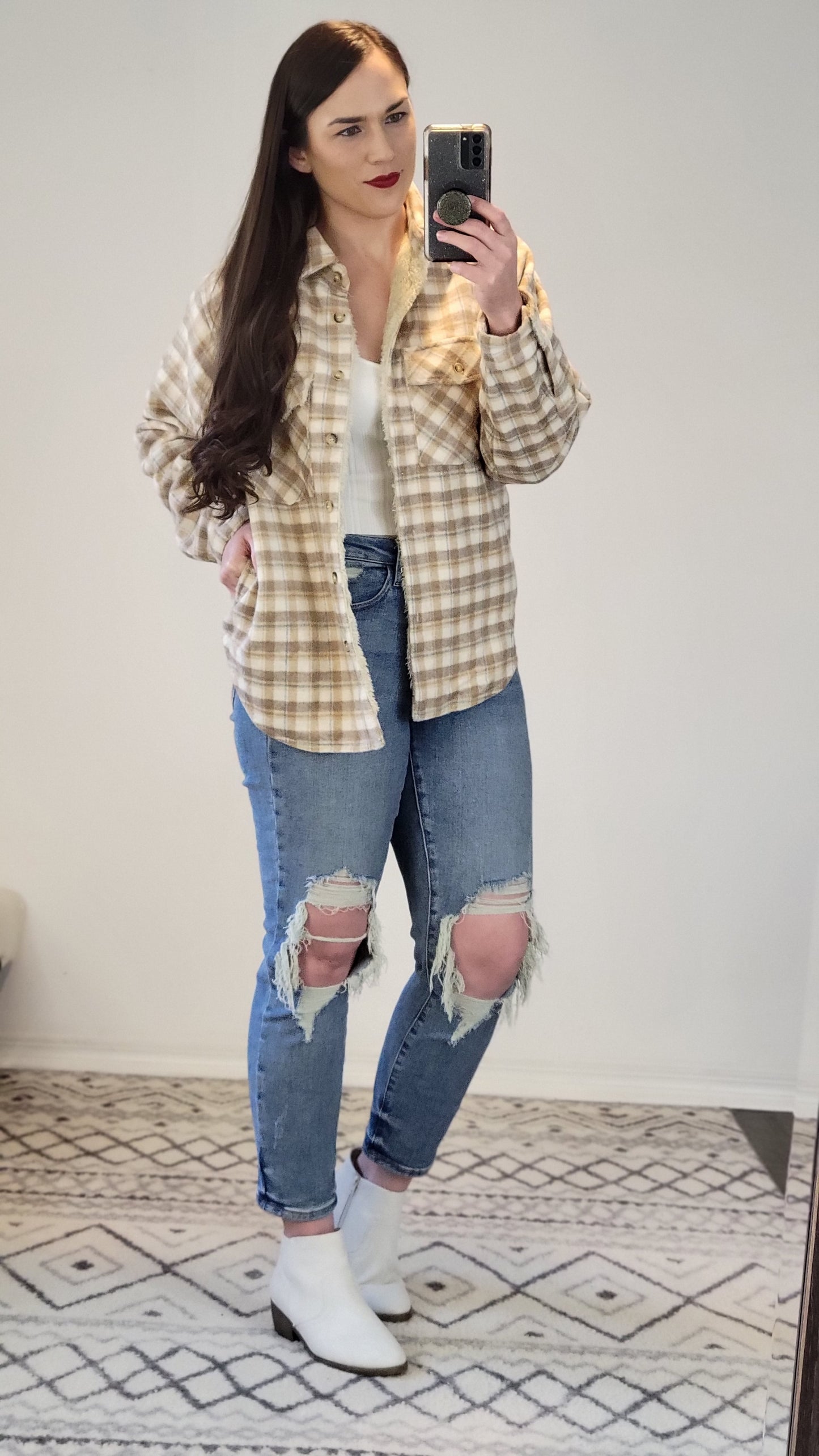 Taupe Faux Fur Lined Plaid Shacket "Leslie"