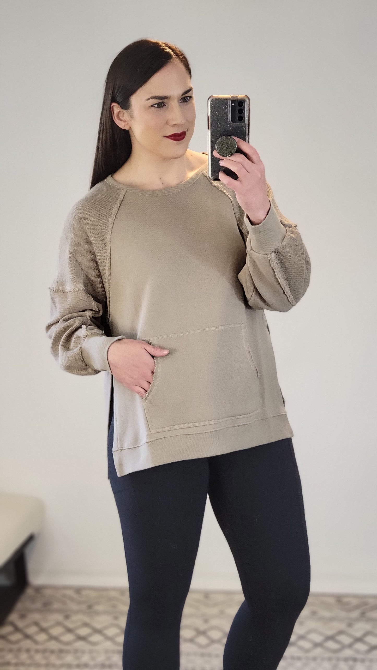 Taupe French Terry Kangaroo Pocket Pullover Sweatshirt "Kathy"