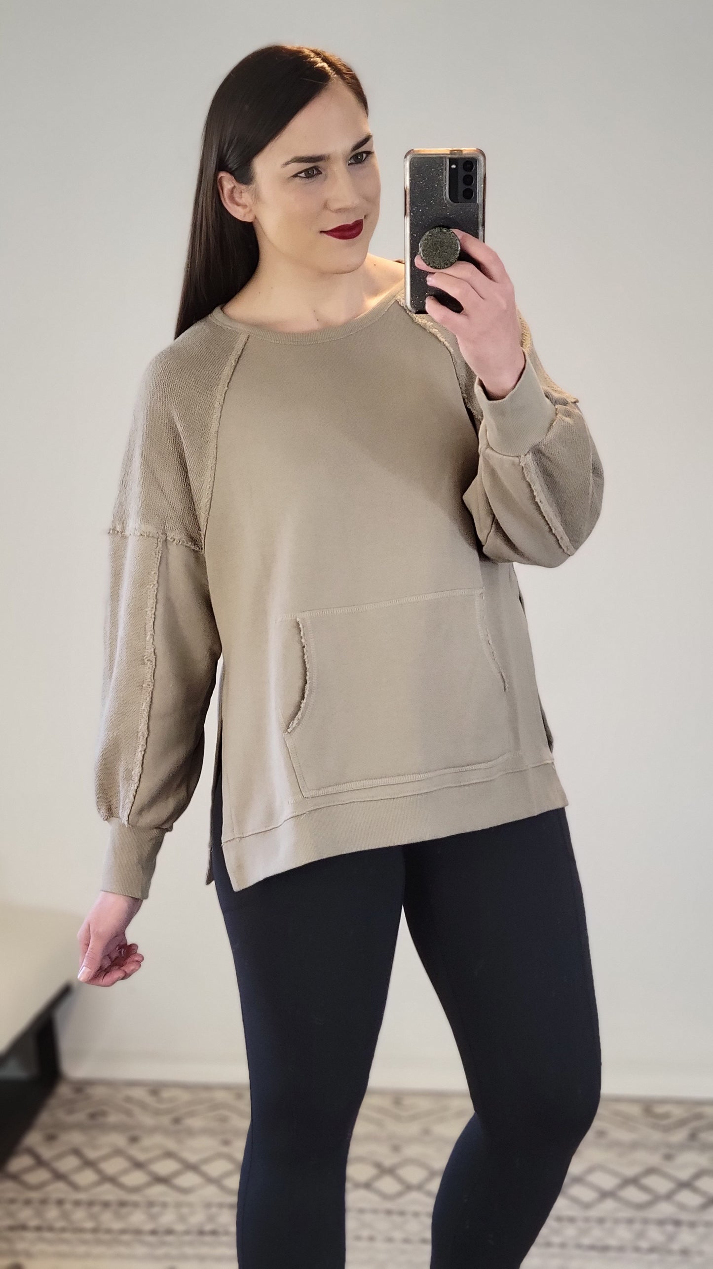 Taupe French Terry Kangaroo Pocket Pullover Sweatshirt "Kathy"
