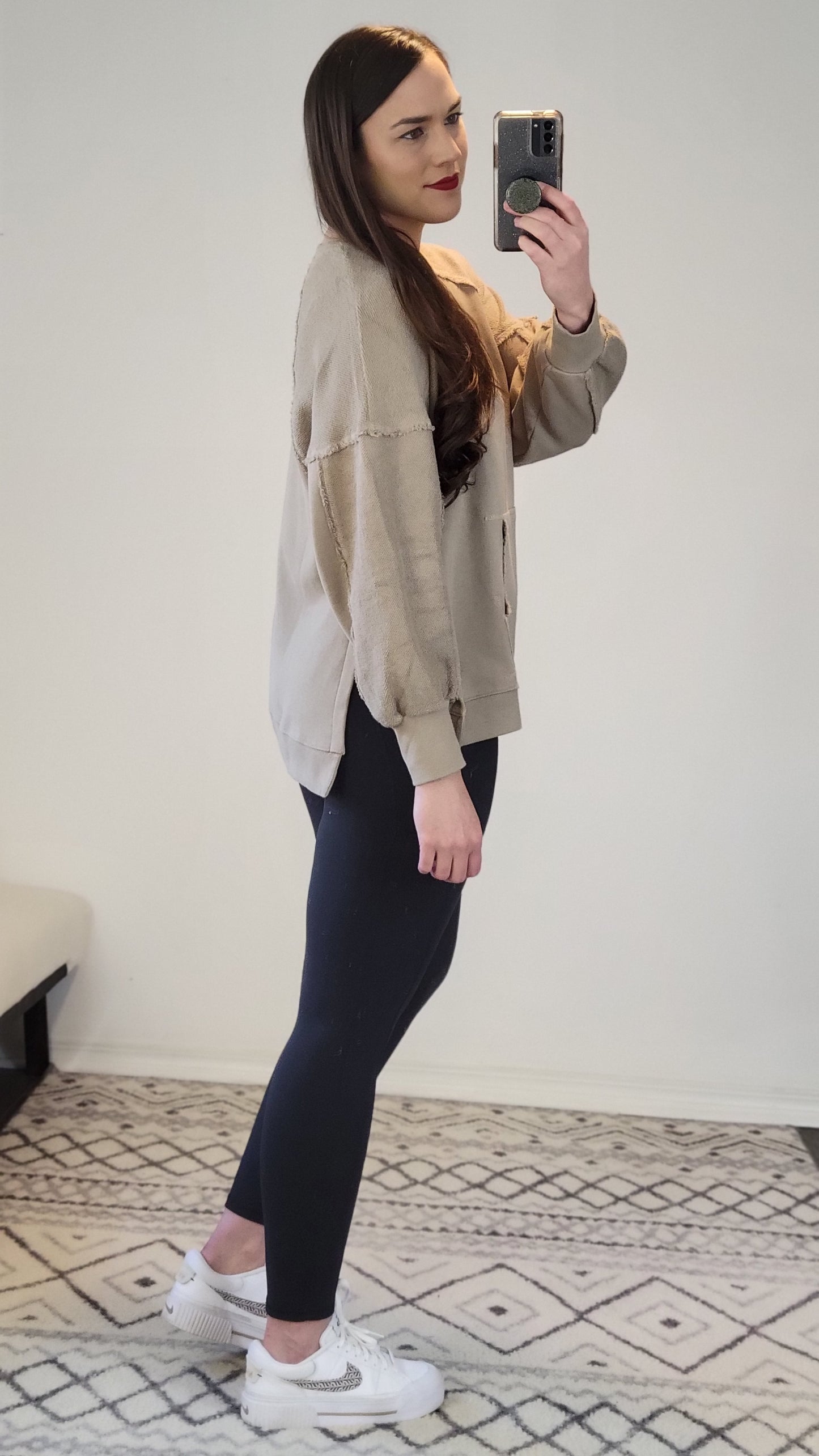 Taupe French Terry Kangaroo Pocket Pullover Sweatshirt "Kathy"