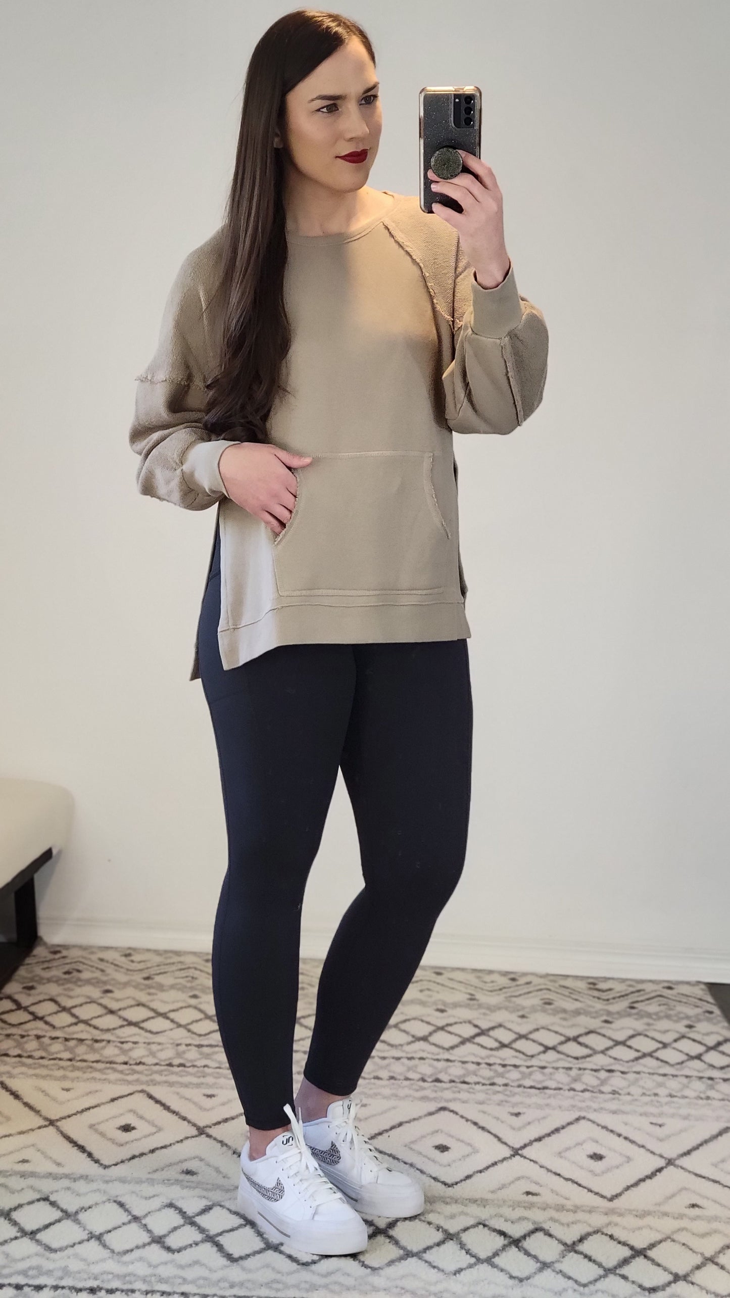 Taupe French Terry Kangaroo Pocket Pullover Sweatshirt "Kathy"