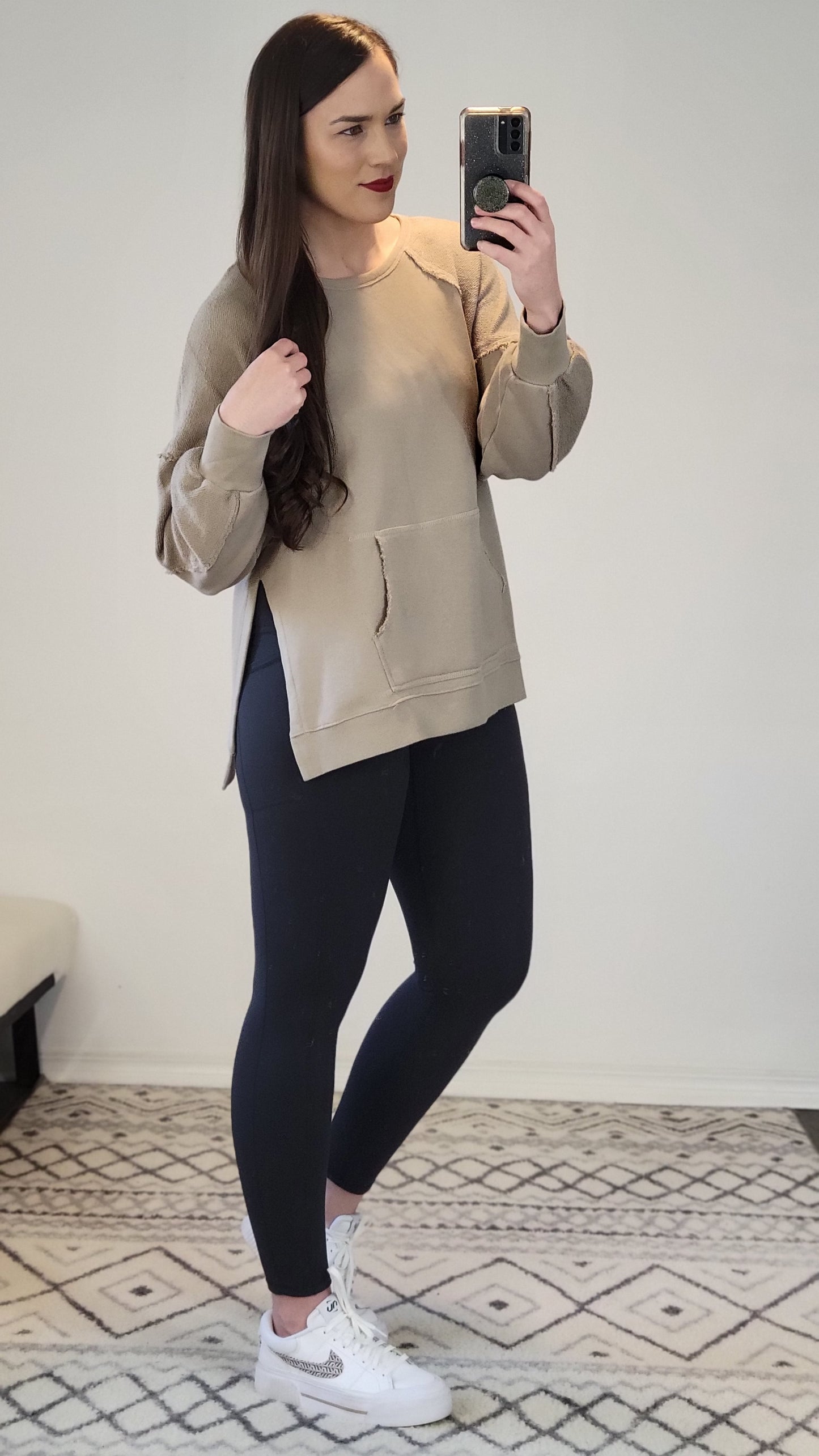 Taupe French Terry Kangaroo Pocket Pullover Sweatshirt "Kathy"