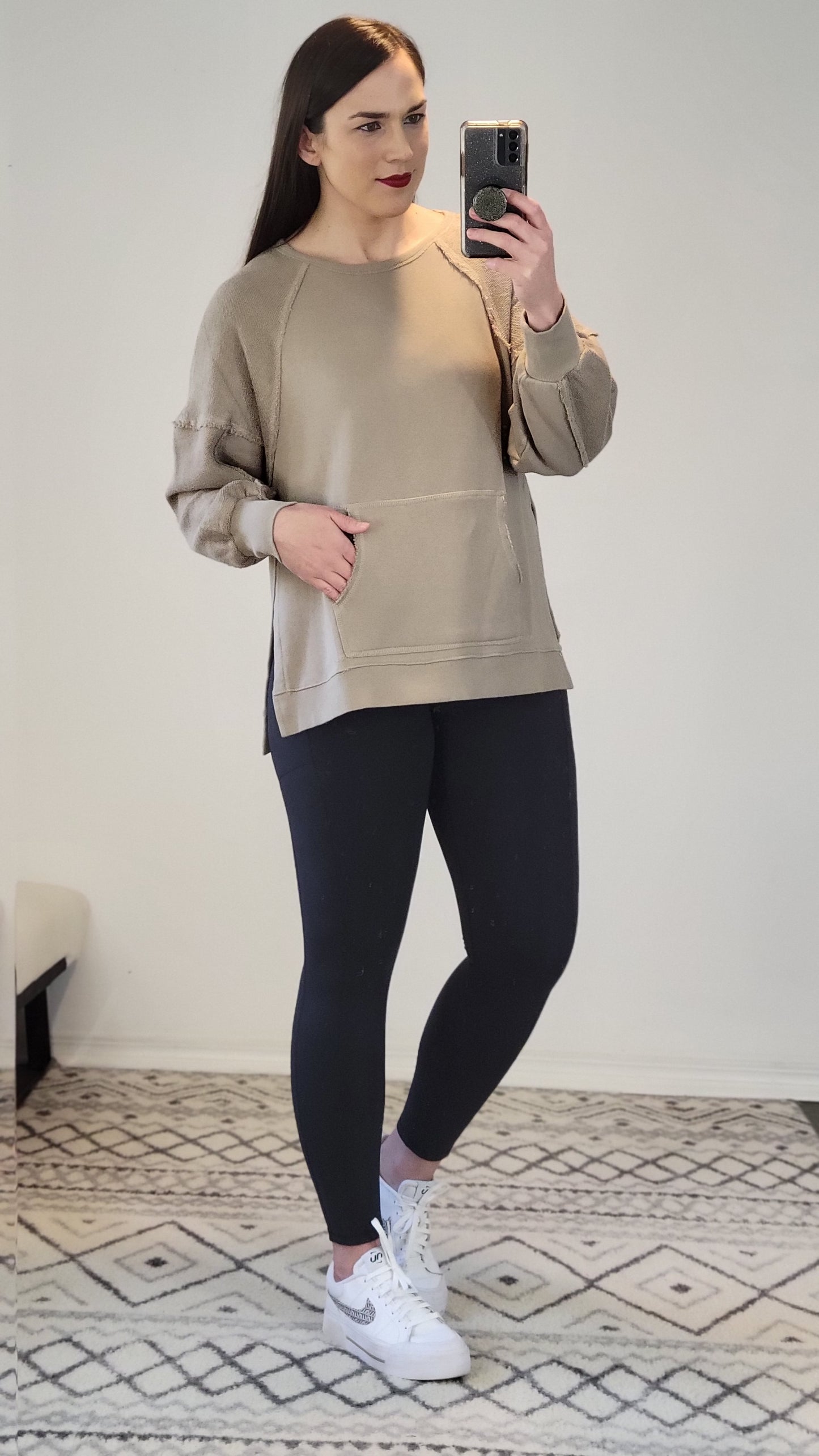 Taupe French Terry Kangaroo Pocket Pullover Sweatshirt "Kathy"