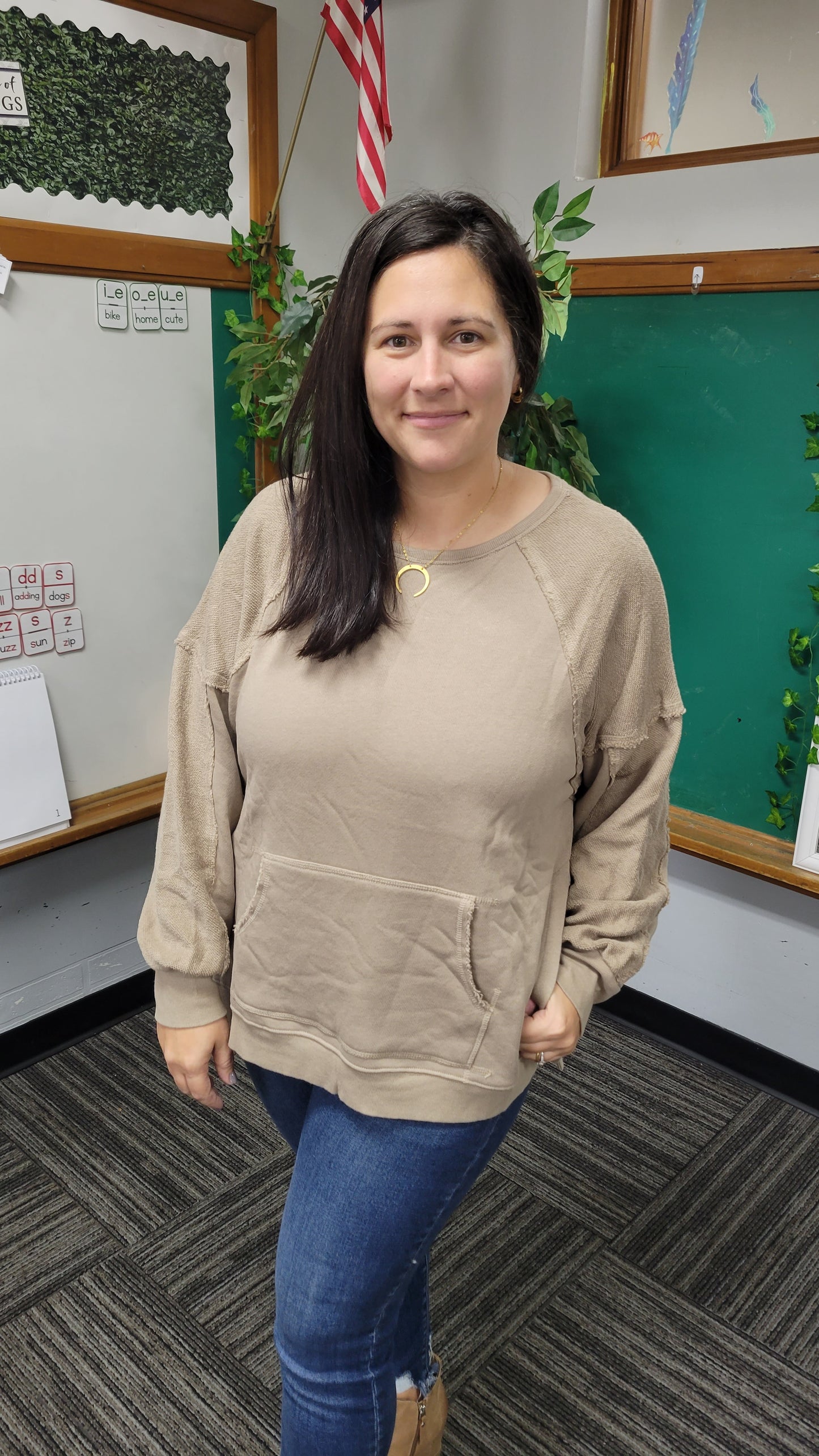 Taupe French Terry Kangaroo Pocket Pullover Sweatshirt "Kathy"